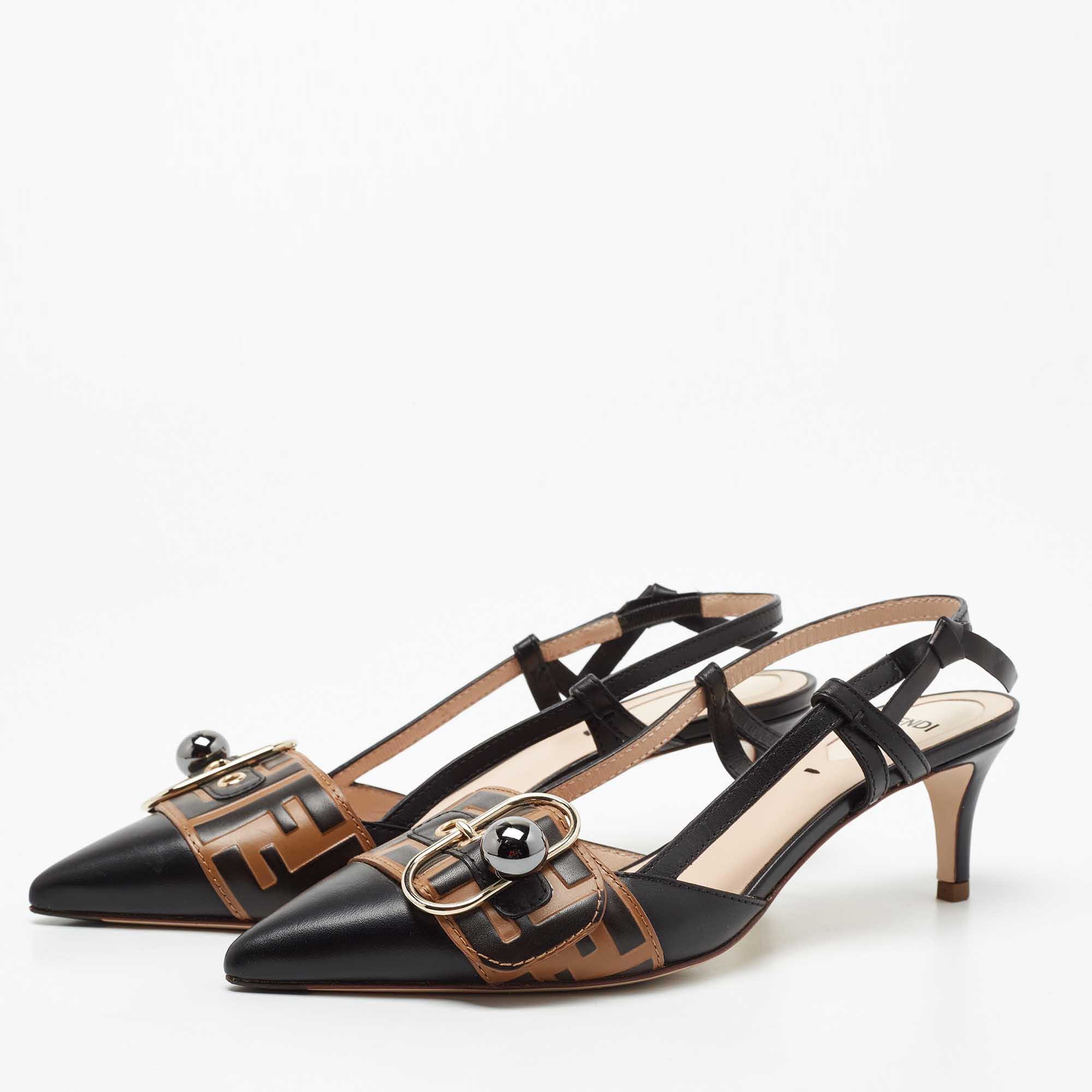 

Fendi Brown/Black Leather Slingback Pumps Size