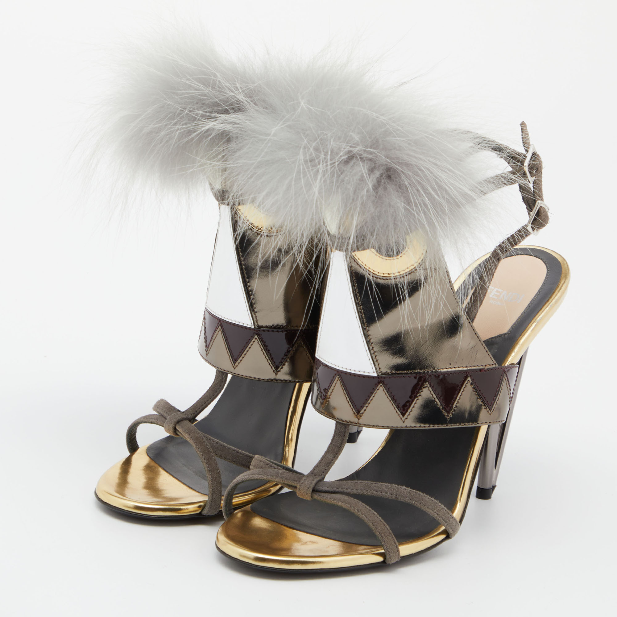 

Fendi Metallic Grey Leather and Fur Monster Eye Ankle Strap Sandals Size