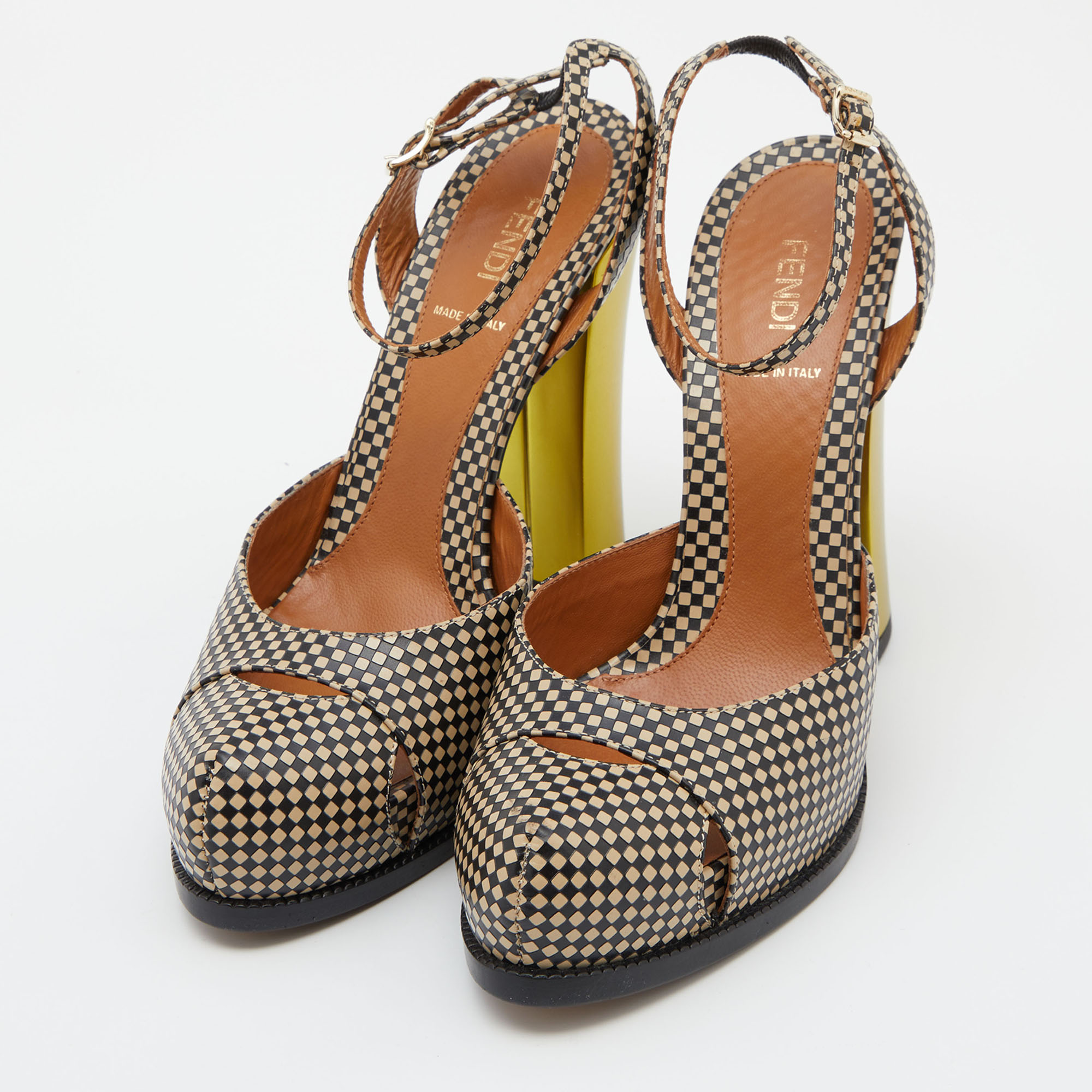 

Fendi Two Tone Checkered Leather Ankle Strap Pumps Size, Black