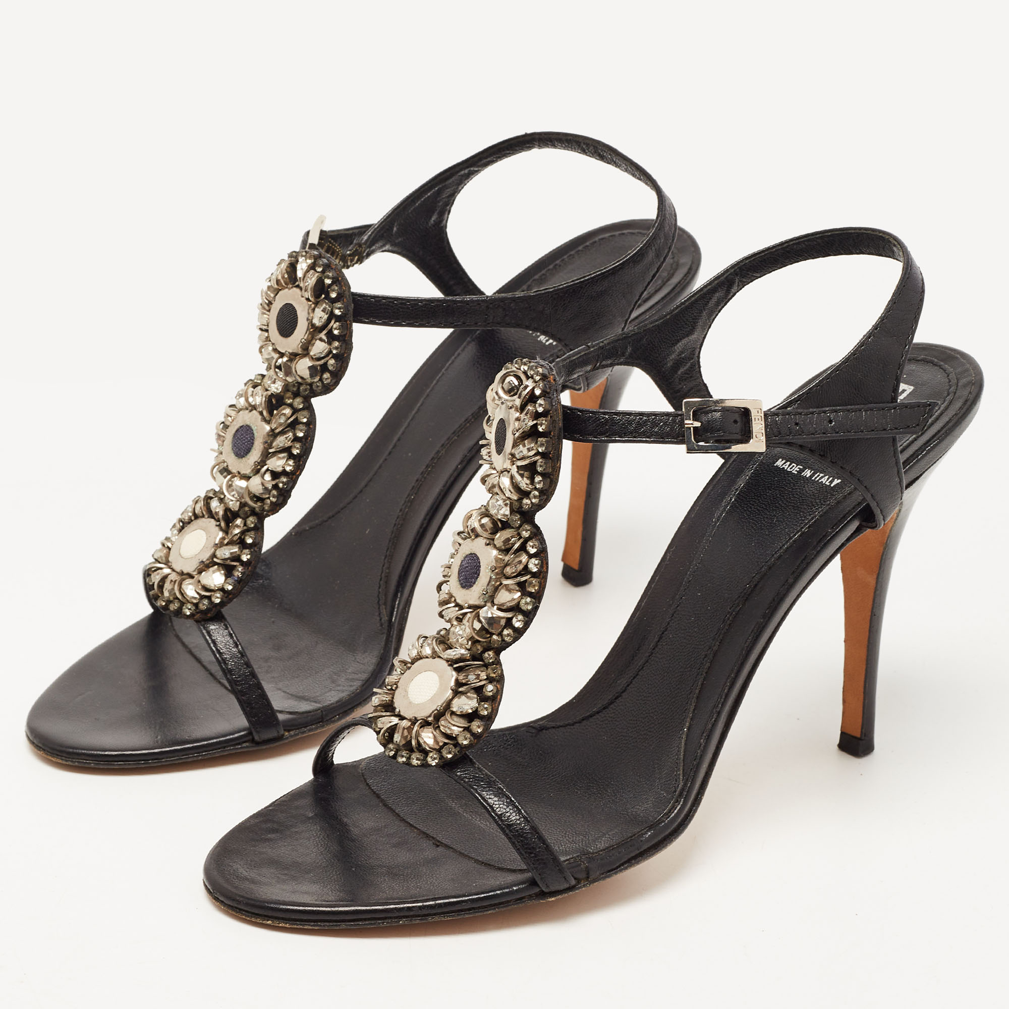 

Fendi Black Leather Crystal Embellished Ankle Strap Sandals Size