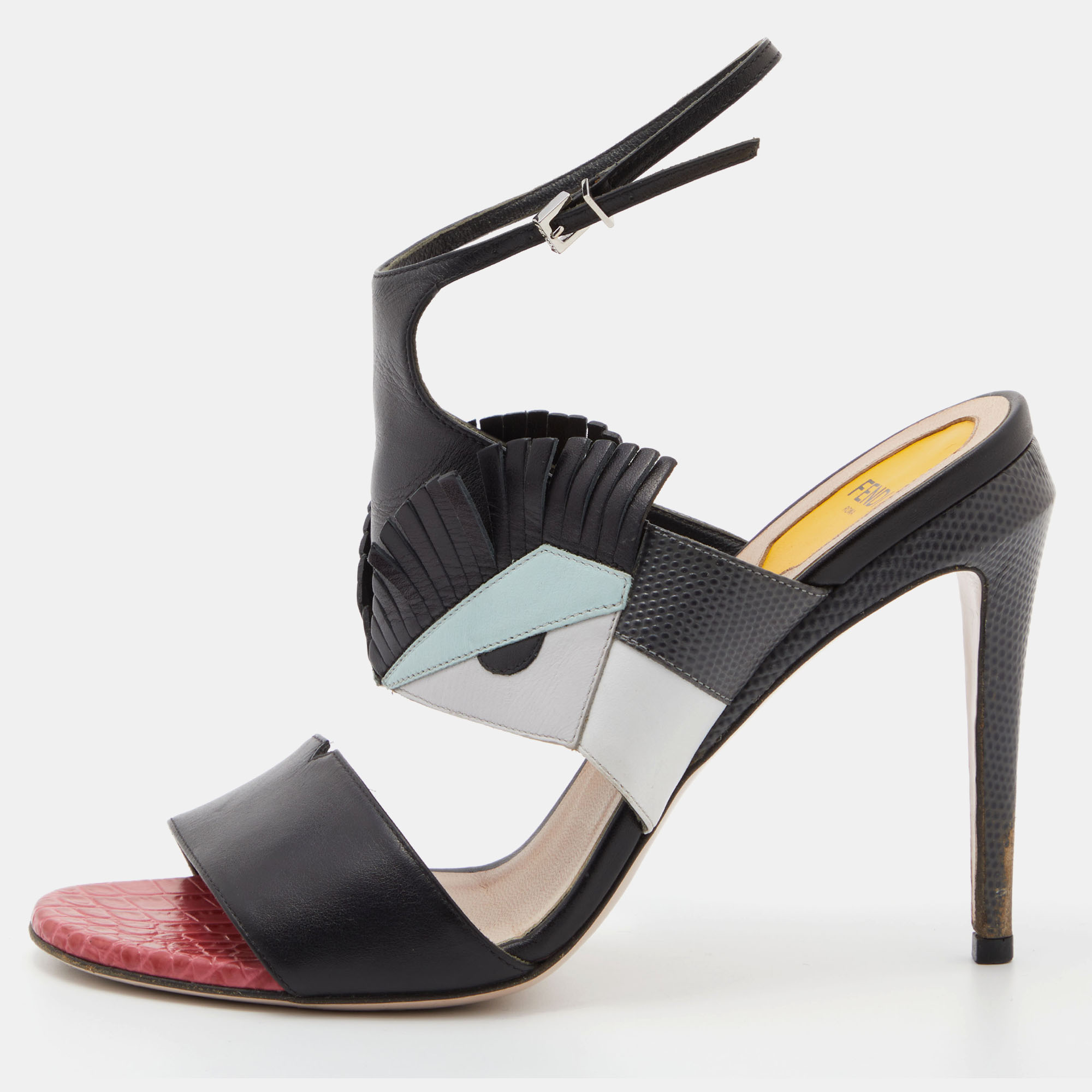 Pre-owned Fendi Tricolor Leather And Embossed Lizard Monster Eye Ankle Strap Sandals Size 39 In Black