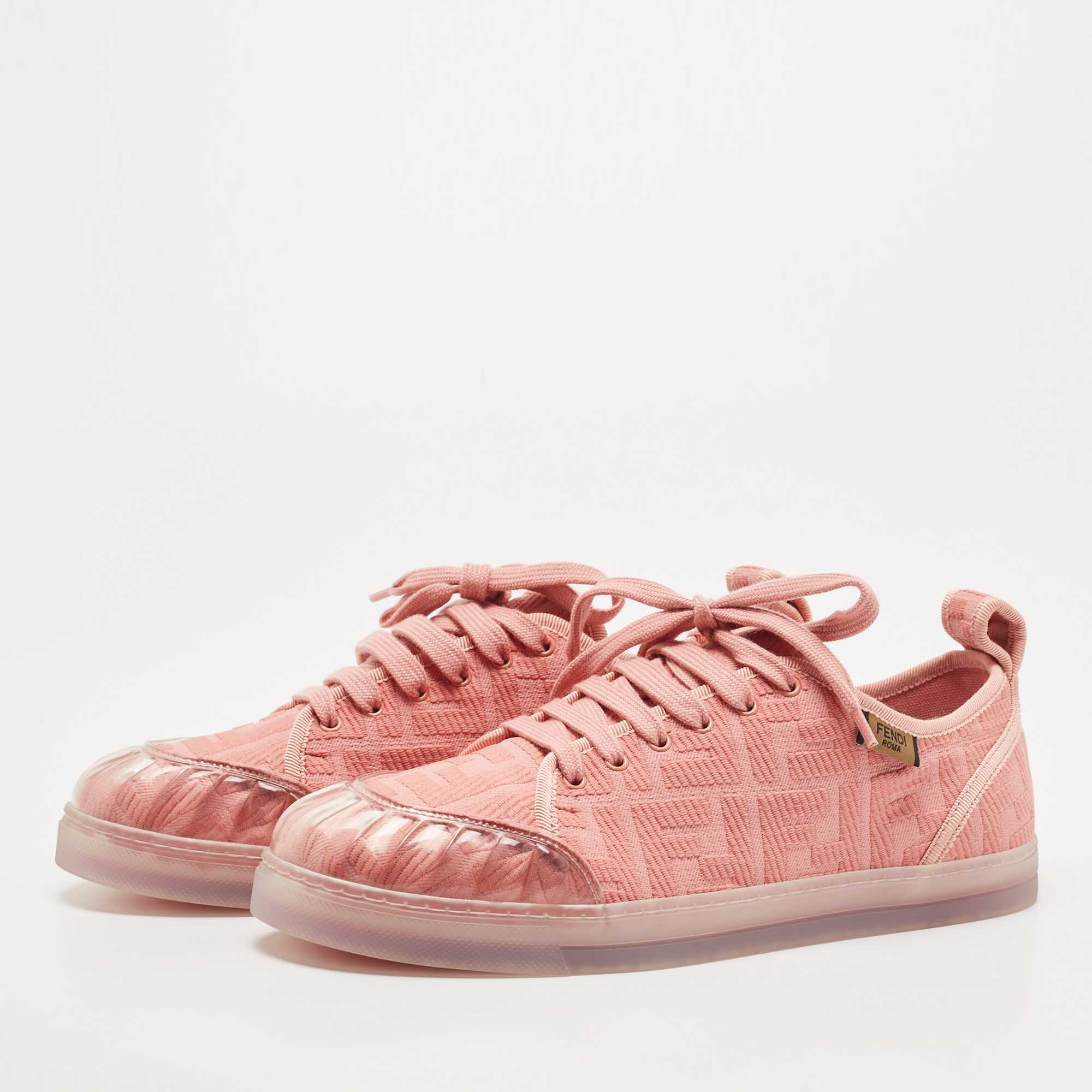 

Fendi Pink Canvas And PVC FF Logo Low-Top Sneakers Size
