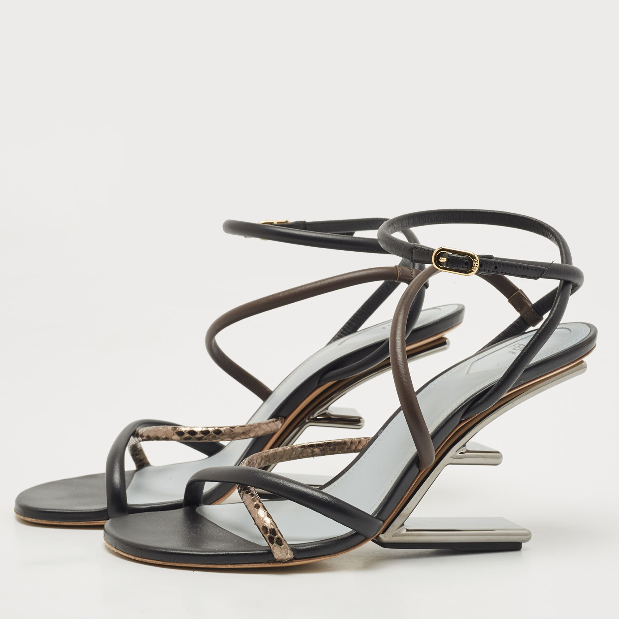 

Fendi Tri Color Leather and Watersnake Leaather Firts F Strappy Sandals Size, Multicolor