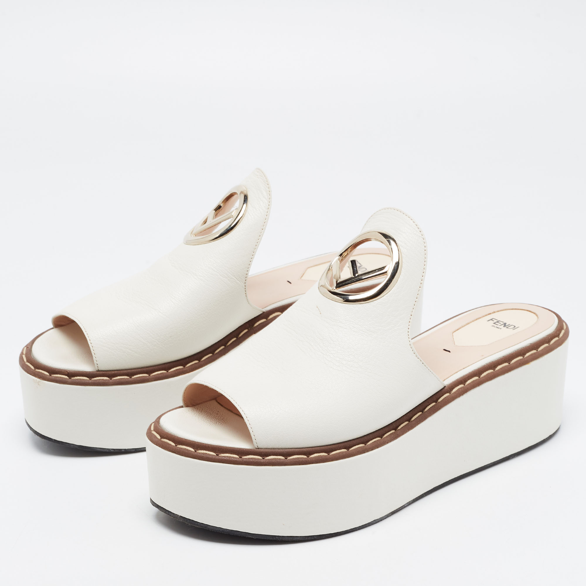 

Fendi White Leather Logo Detail Platform Mules Size