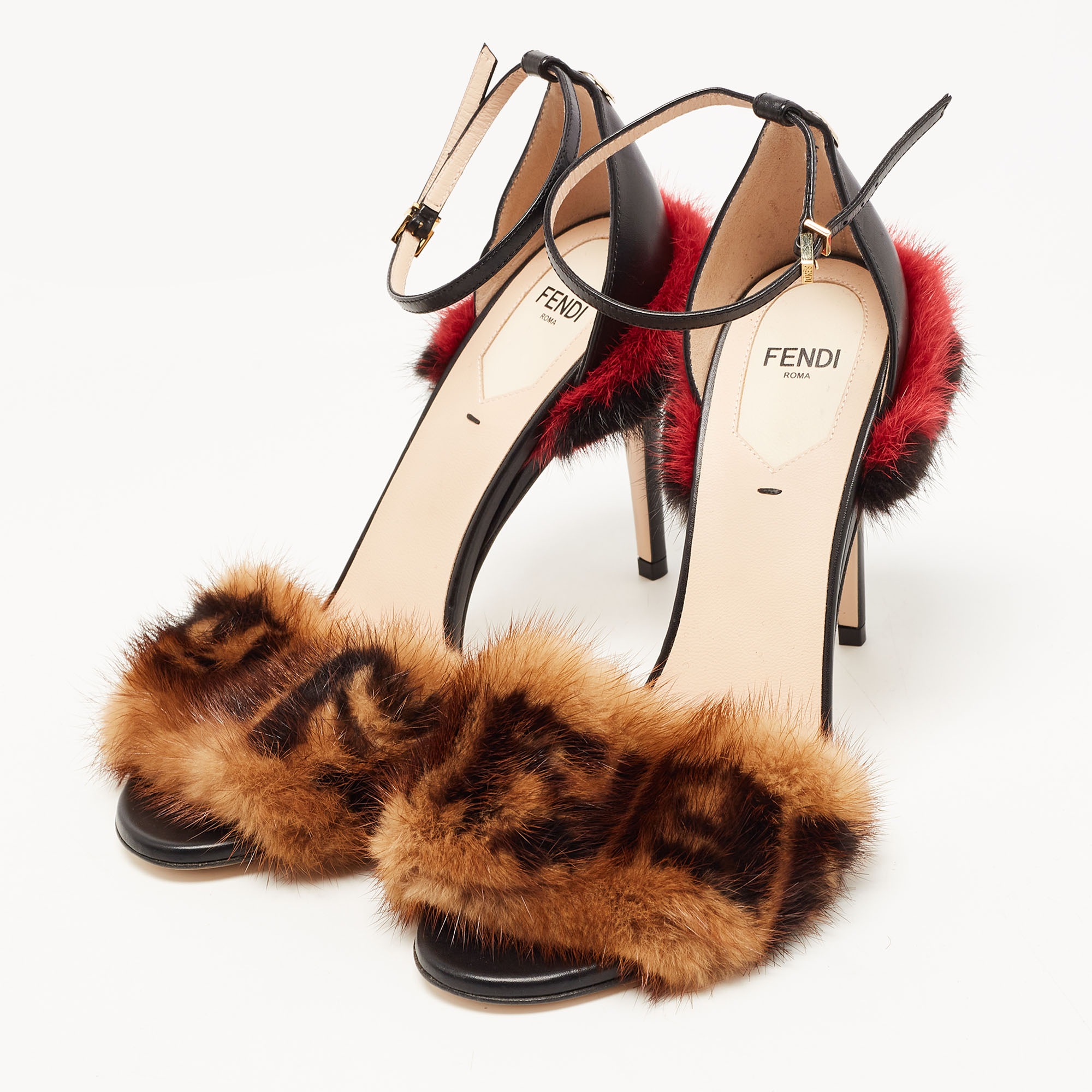 

Fendi Multicolor FF Mink Fur Ankle Strap Sandals Size