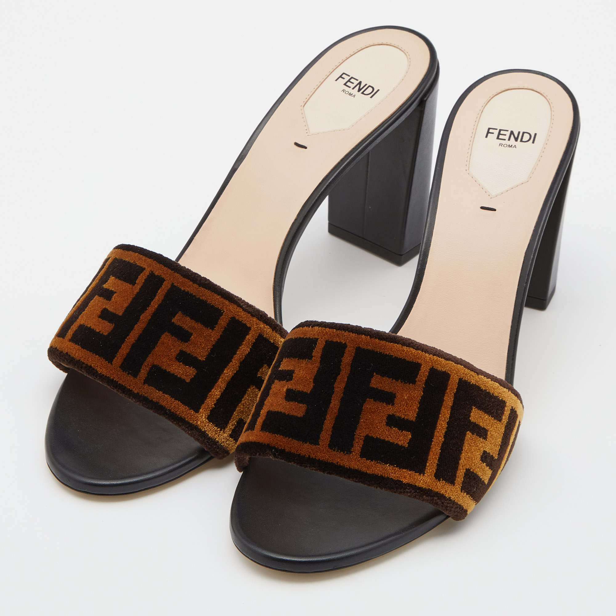 

Fendi Brown Zucca Velvet Block Heel Slide Sandals Size