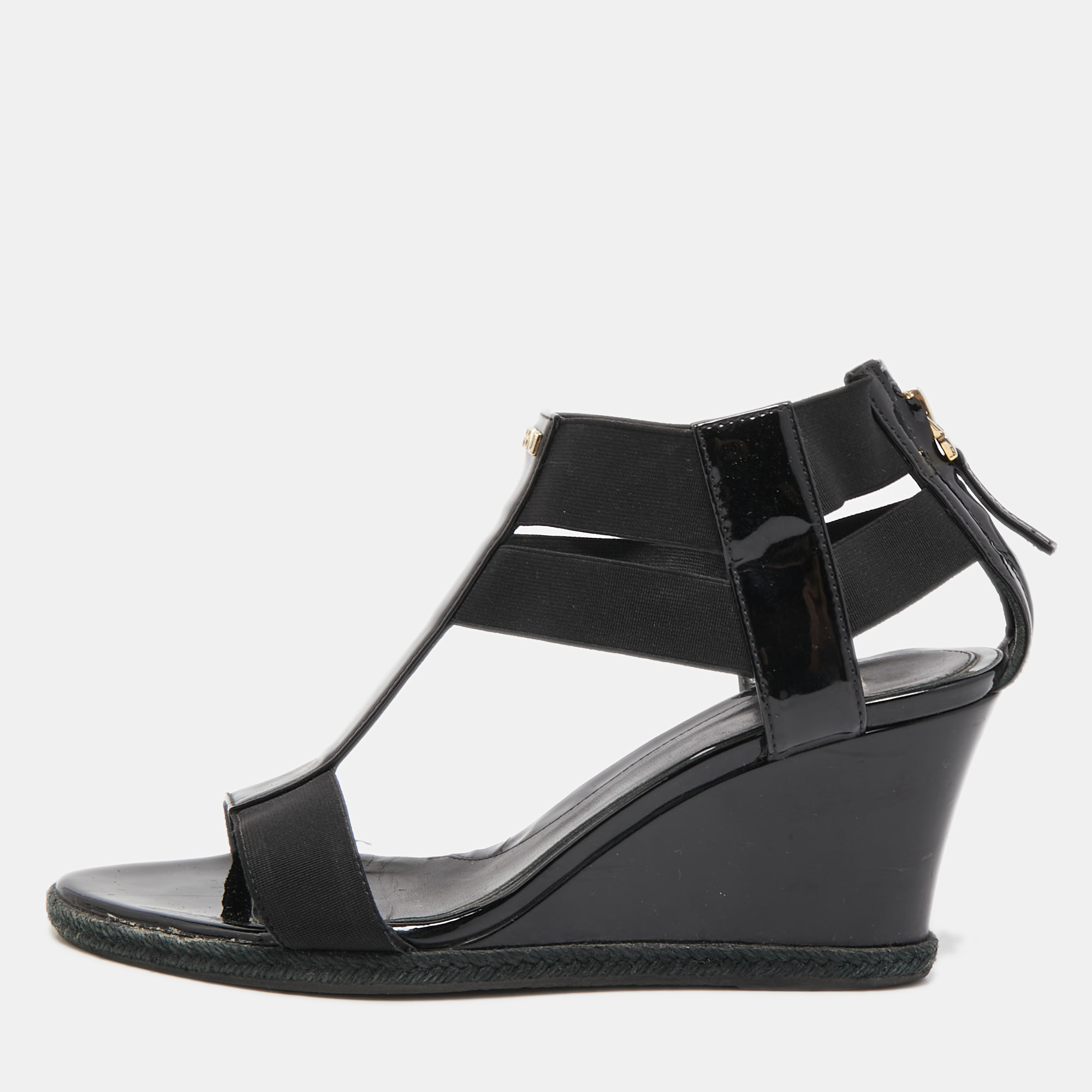 FENDI BLACK PATENT LEATHER AND ELASTIC T-STRAP ESPADRILLE WEDGE SANDALS SIZE 36