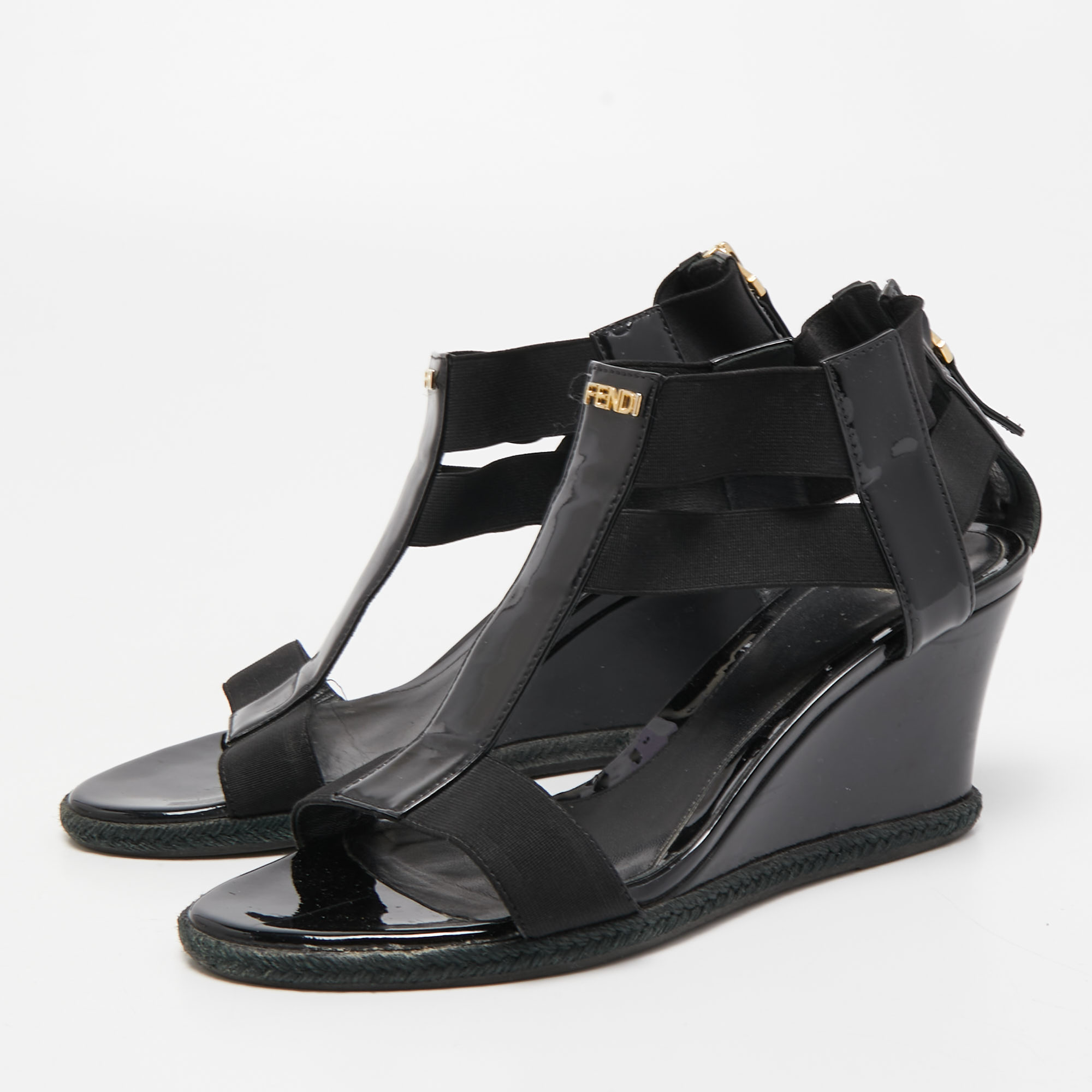 

Fendi Black Patent Leather and Elastic T-Strap Espadrille Wedge Sandals Size
