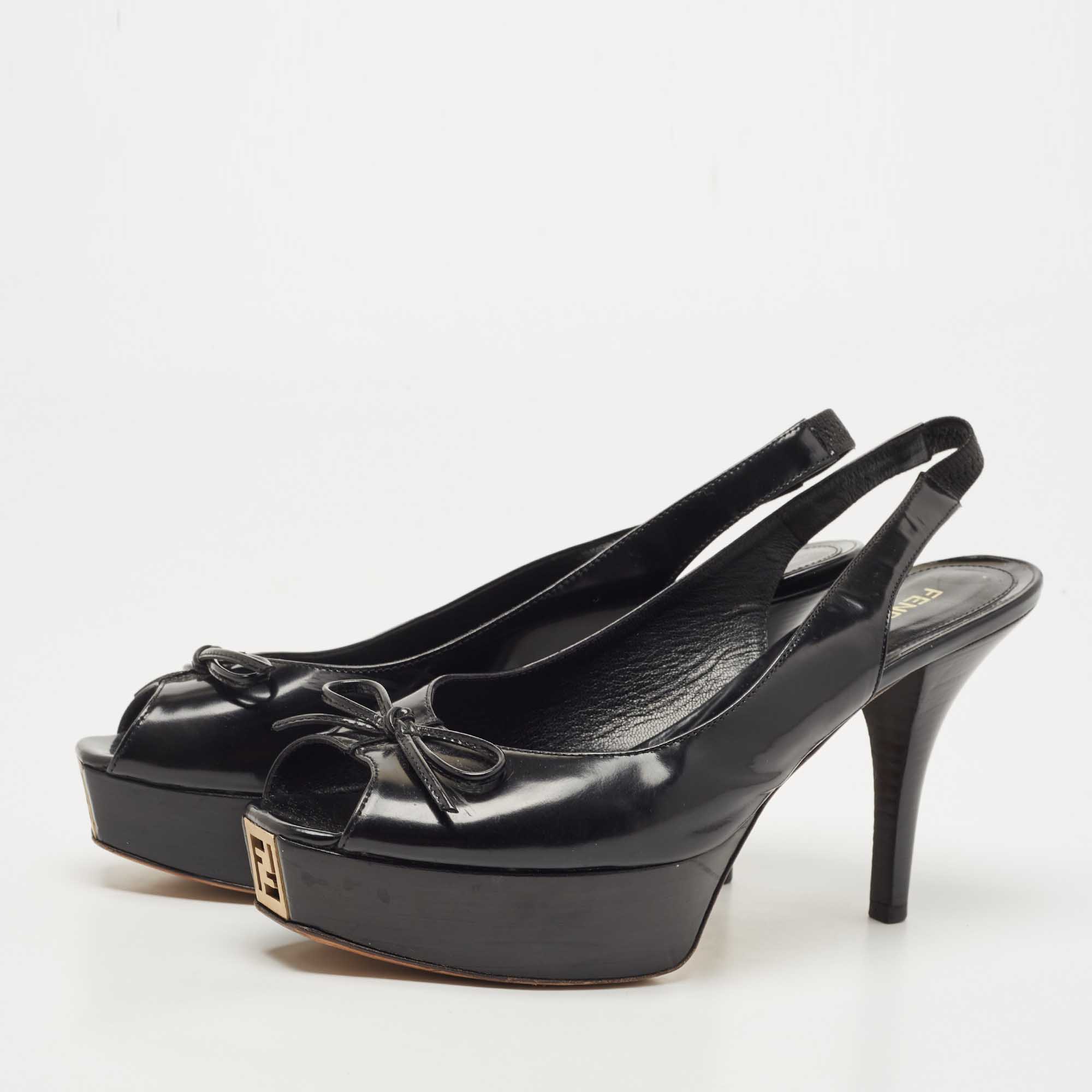 

Fendi Black Leather Bow Peep Toe Platform Slingback Pumps Size