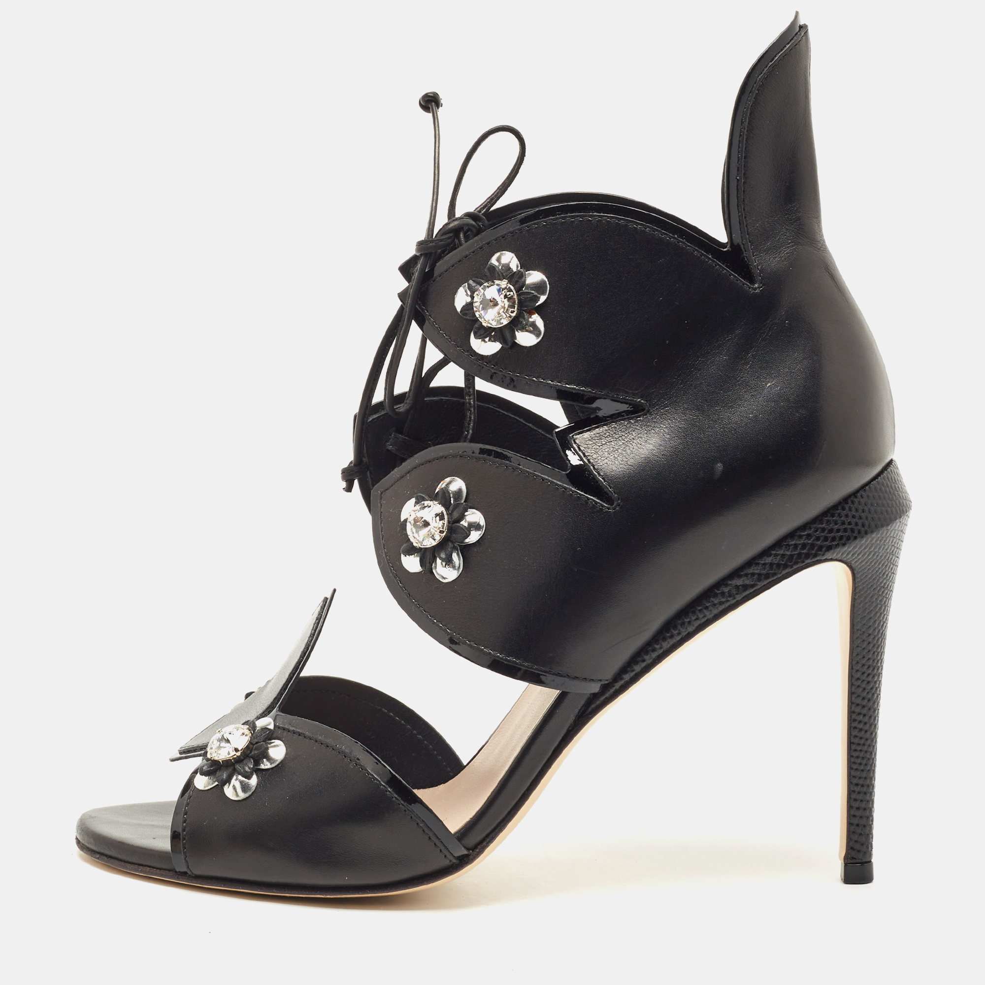 

Fendi Black Leather Flowerland Embellished Sandals Size