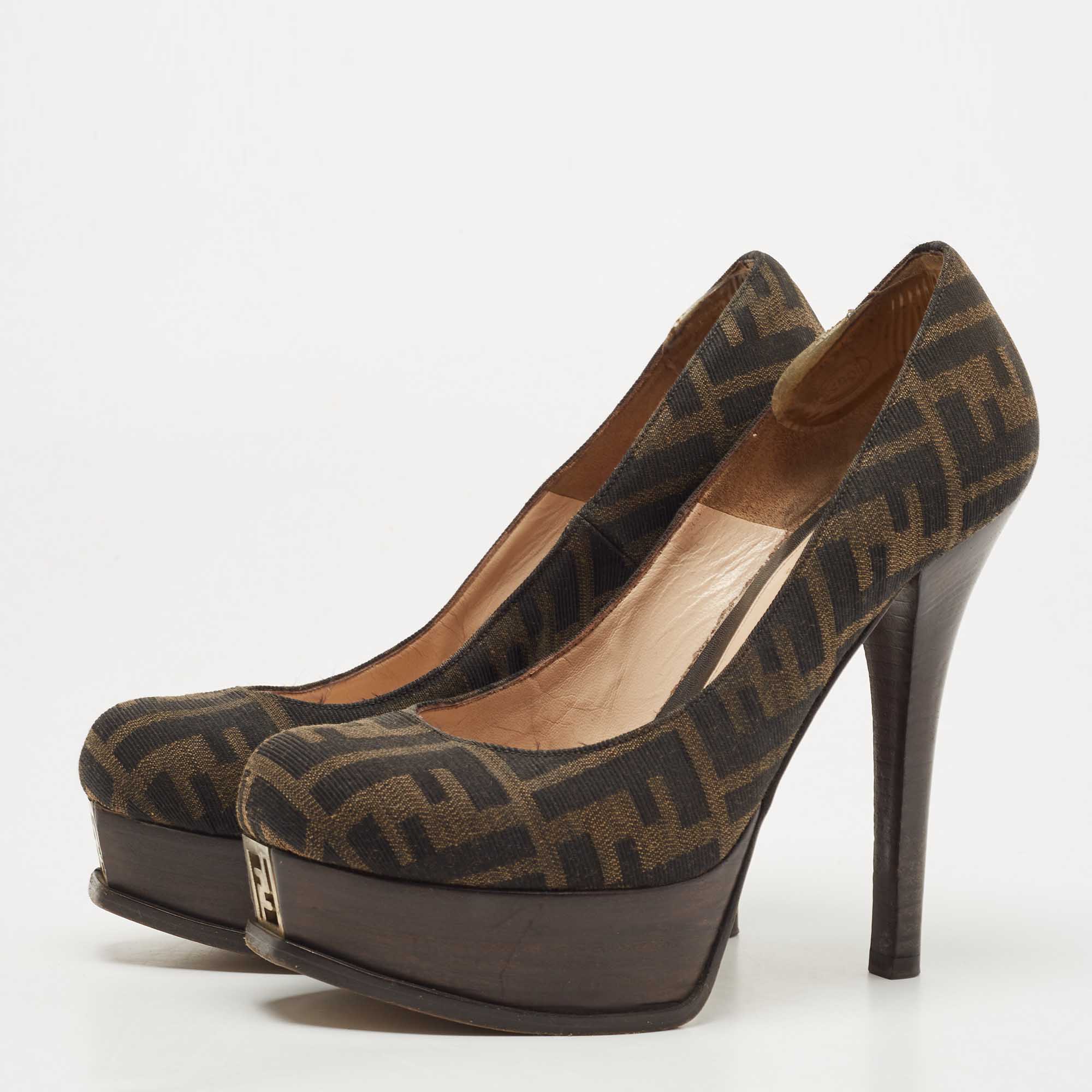 

Fendi Brown Zucca Canvas Fendista Platform Pumps Size