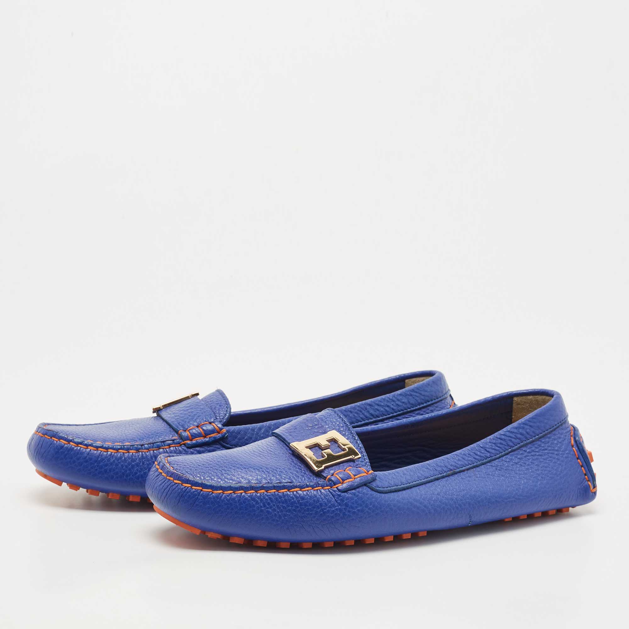 

Fendi Blue Leather FF Buckle Slip On Loafers Size