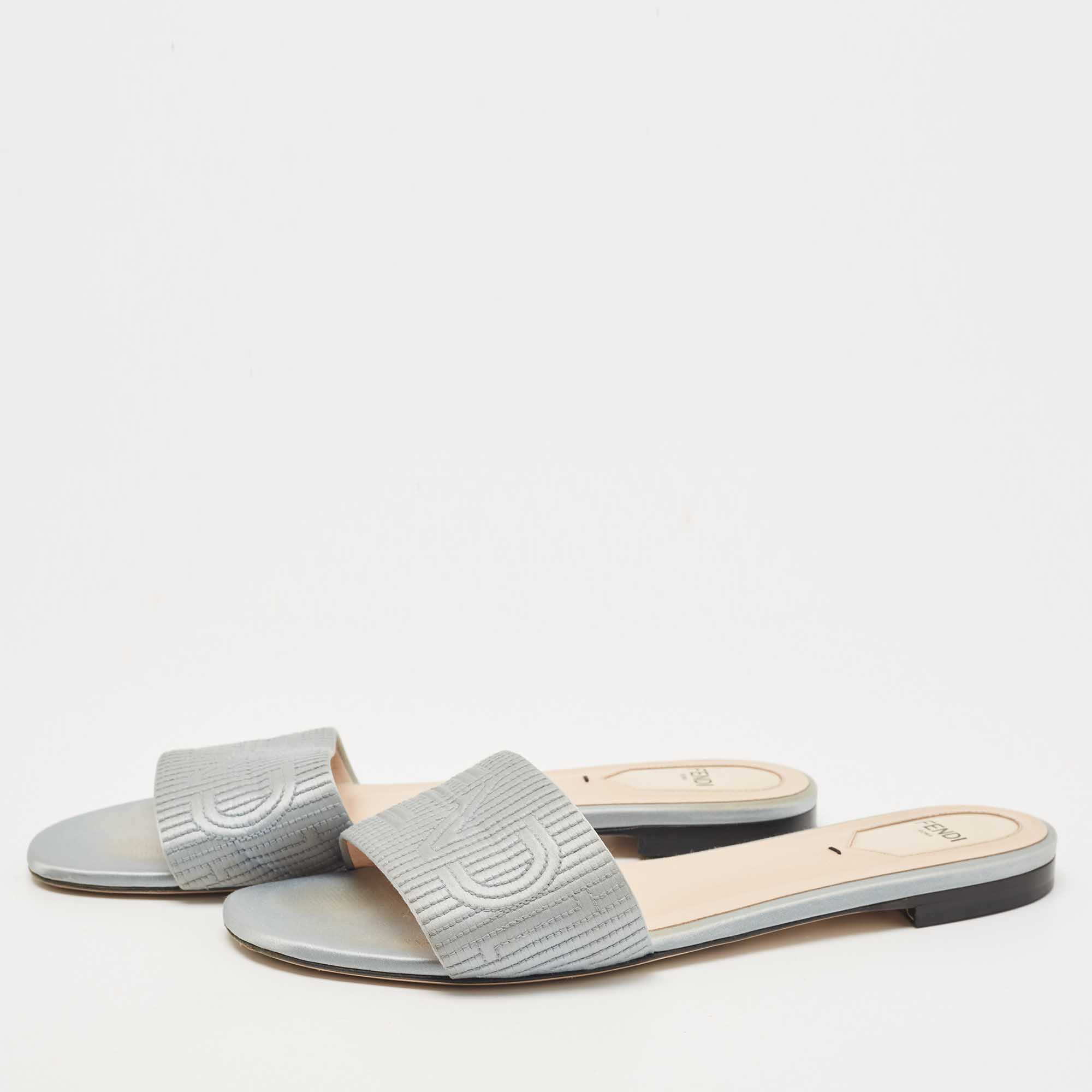 

Fendi Grey Satin Logo Embroidered Flat Slides Size