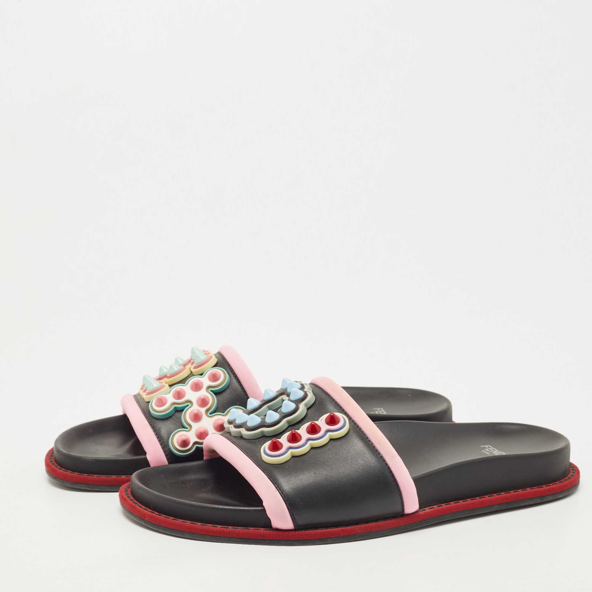 

Fendi Black/Pink Leather and Fabric Studded Logo Flat Slides Size