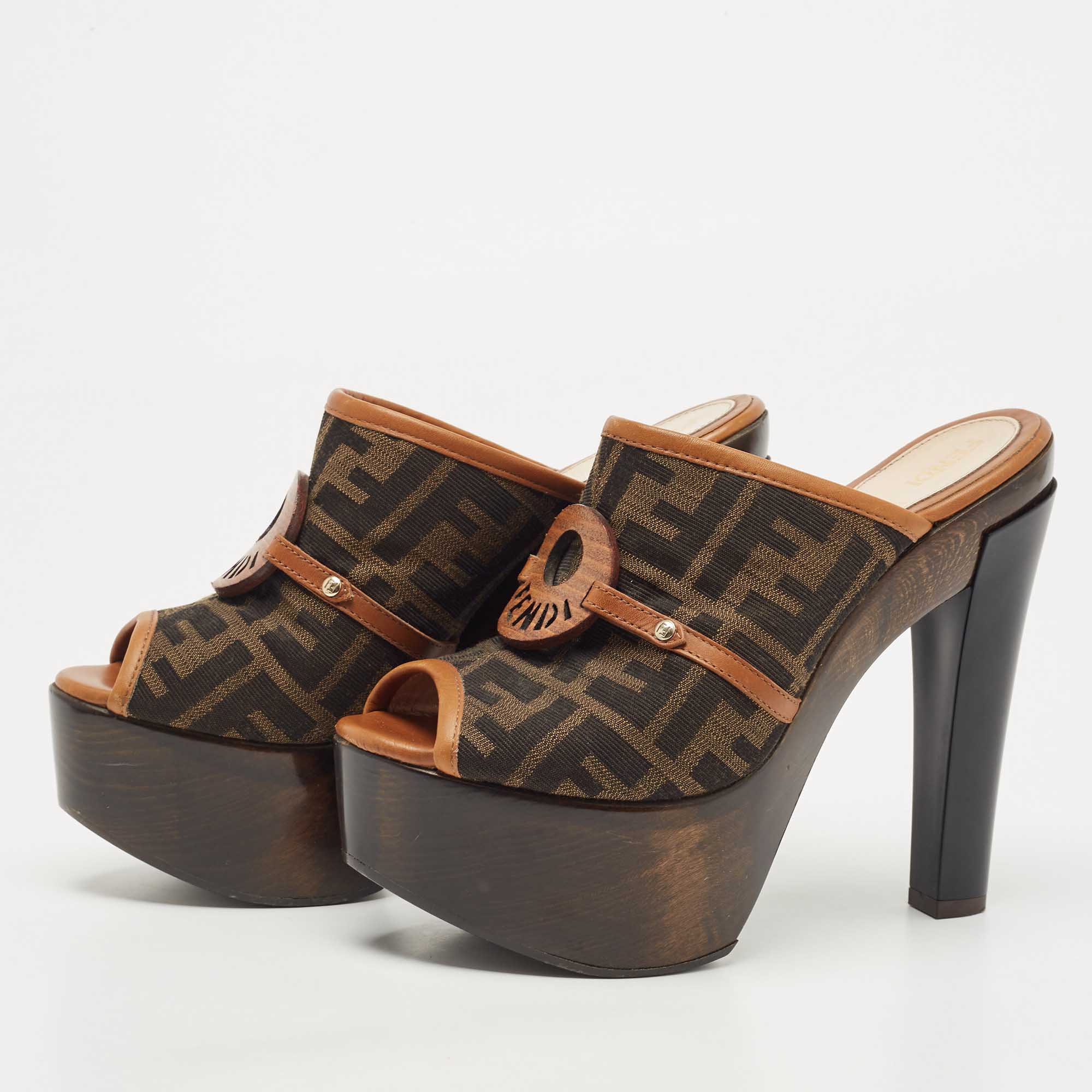 

Fendi Brown Zucca Canvas And Leather Platform Slide Sandals Size