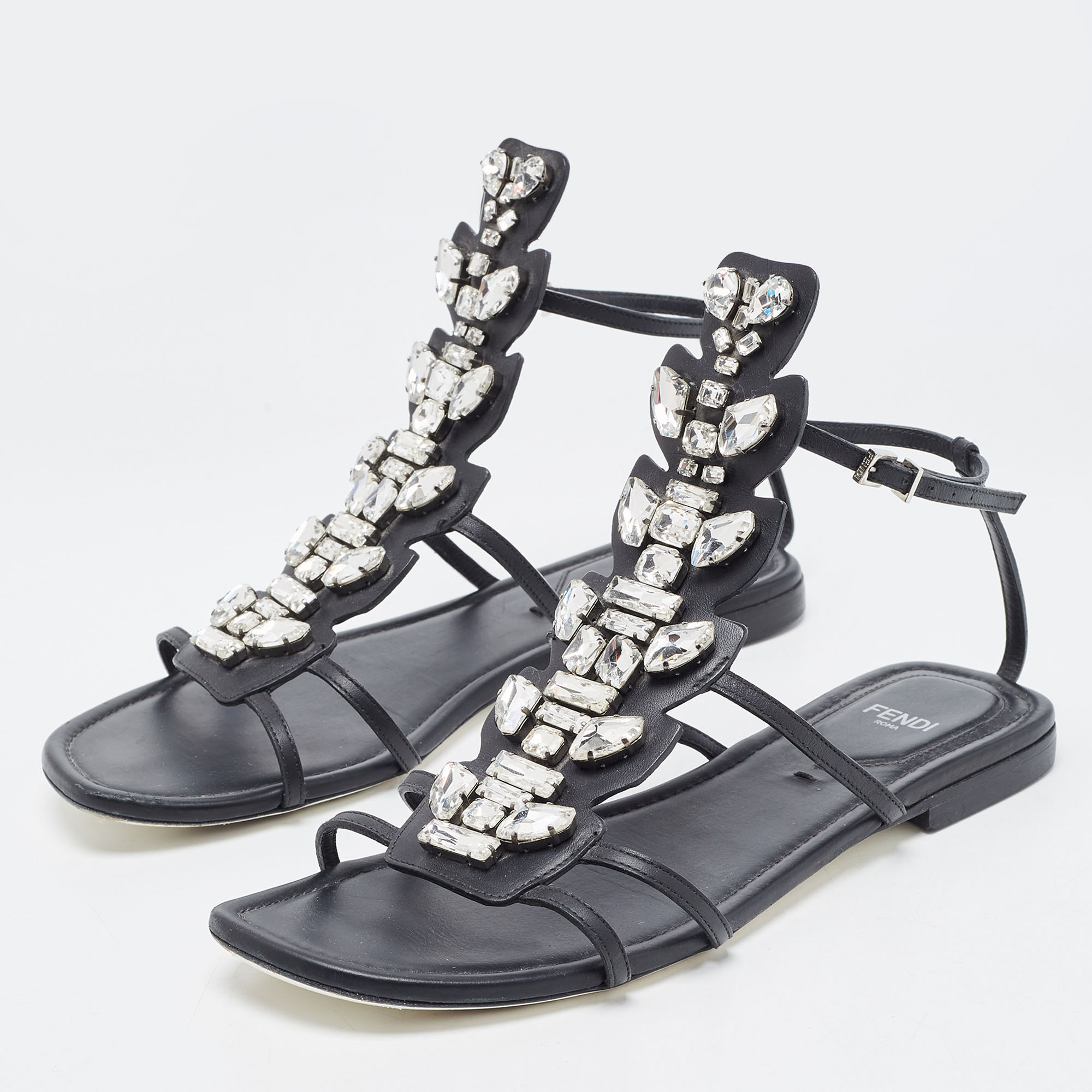 

Fendi Black Leather Crystal Embellished Strappy Ankle Strap Flat Sandals Size