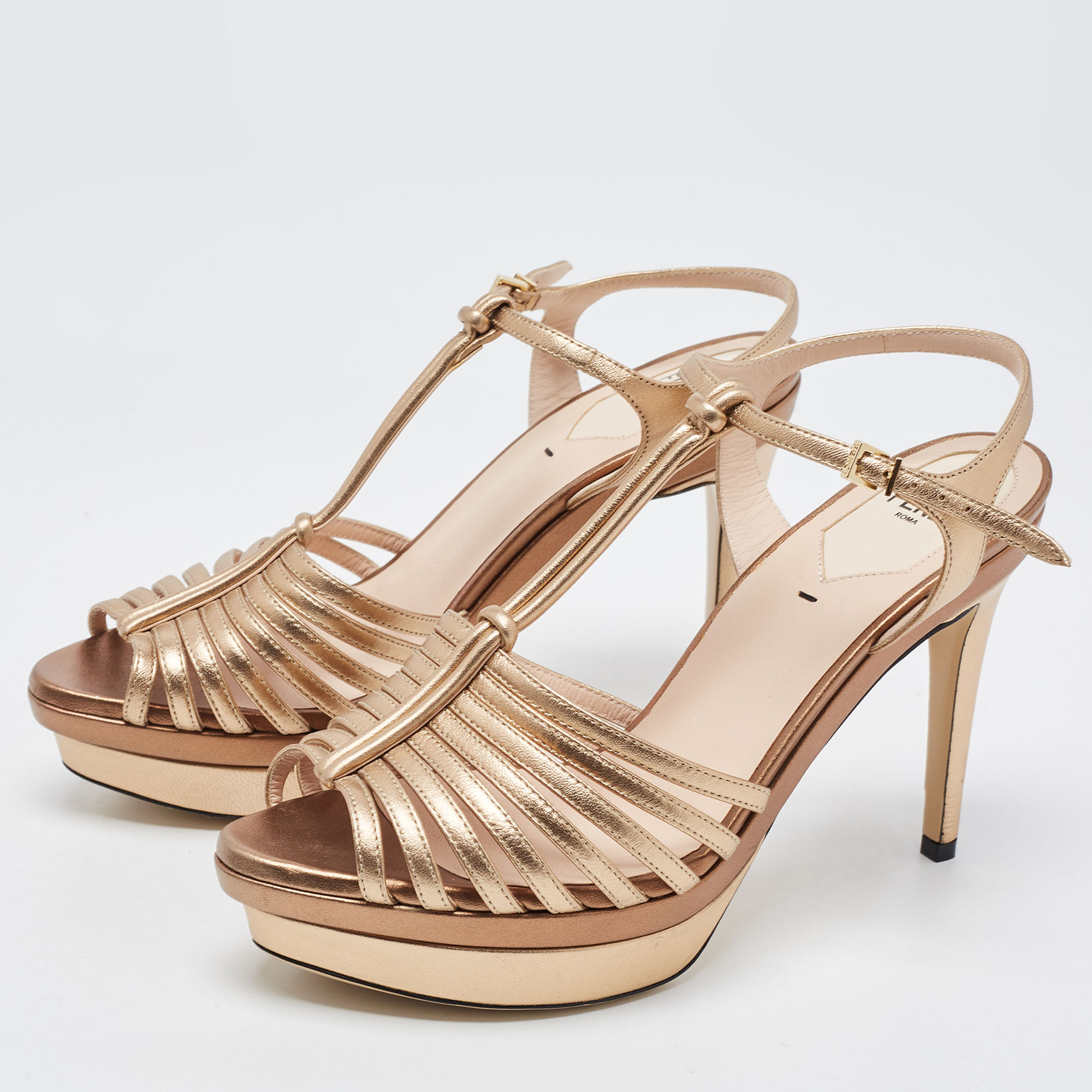 

Fendi Metallic Leather Strappy T-Bar Platform Sandals Size