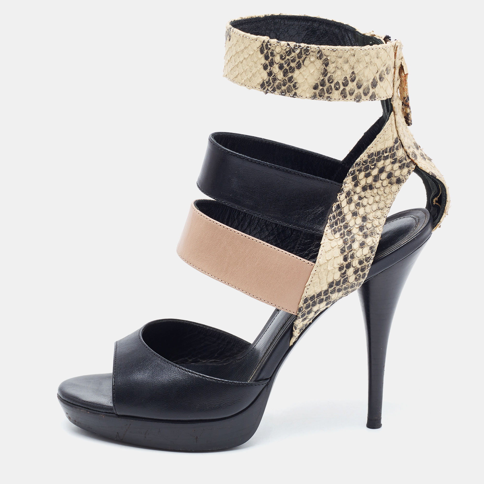 Pre-owned Fendi Tricolor Leather And Python Embossed Ankle Strap Platform Sandals Size 38 In Black