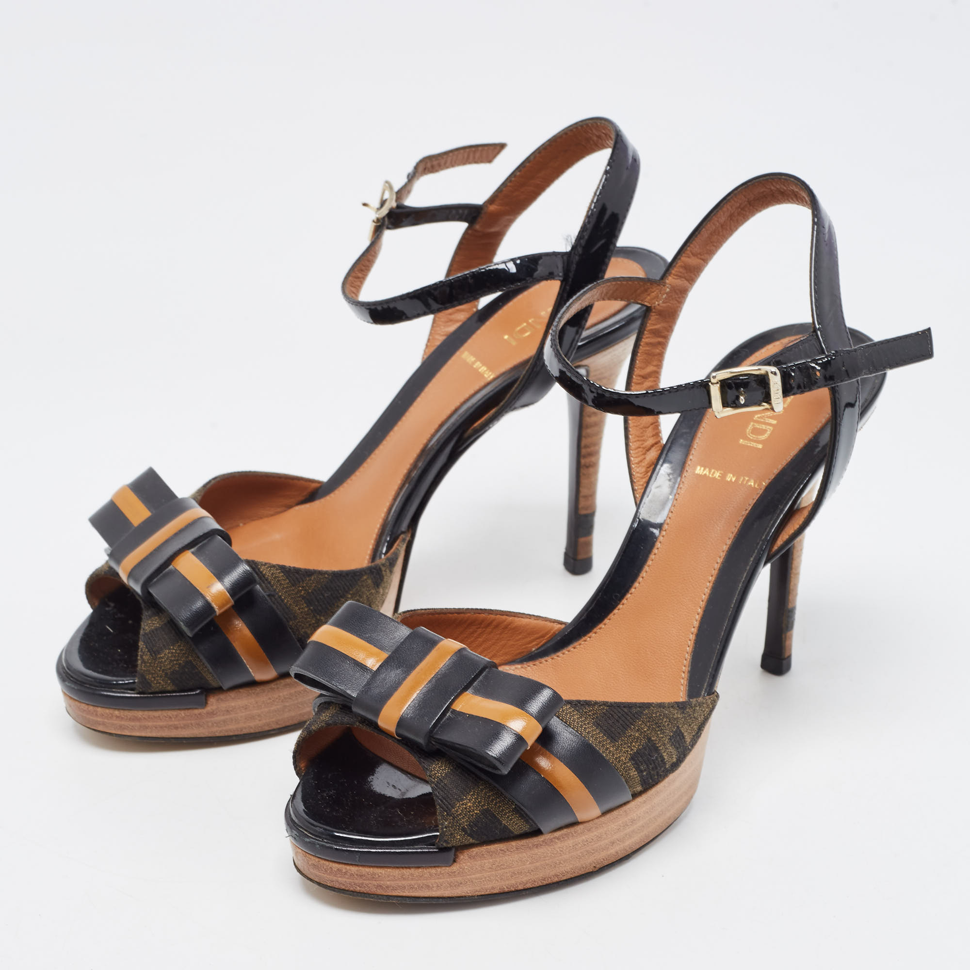 

Fendi Brown/Black Zucca Canvas and Patent Leather Bow Platform Ankle Strap Sandals Size