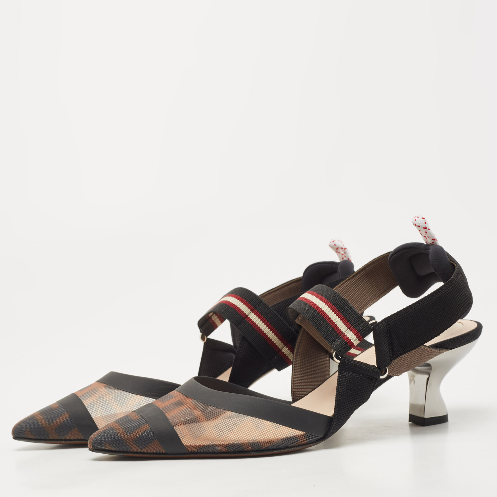 

Fendi Multicolor Mesh and Canvas Colibri Slingback Pumps Size