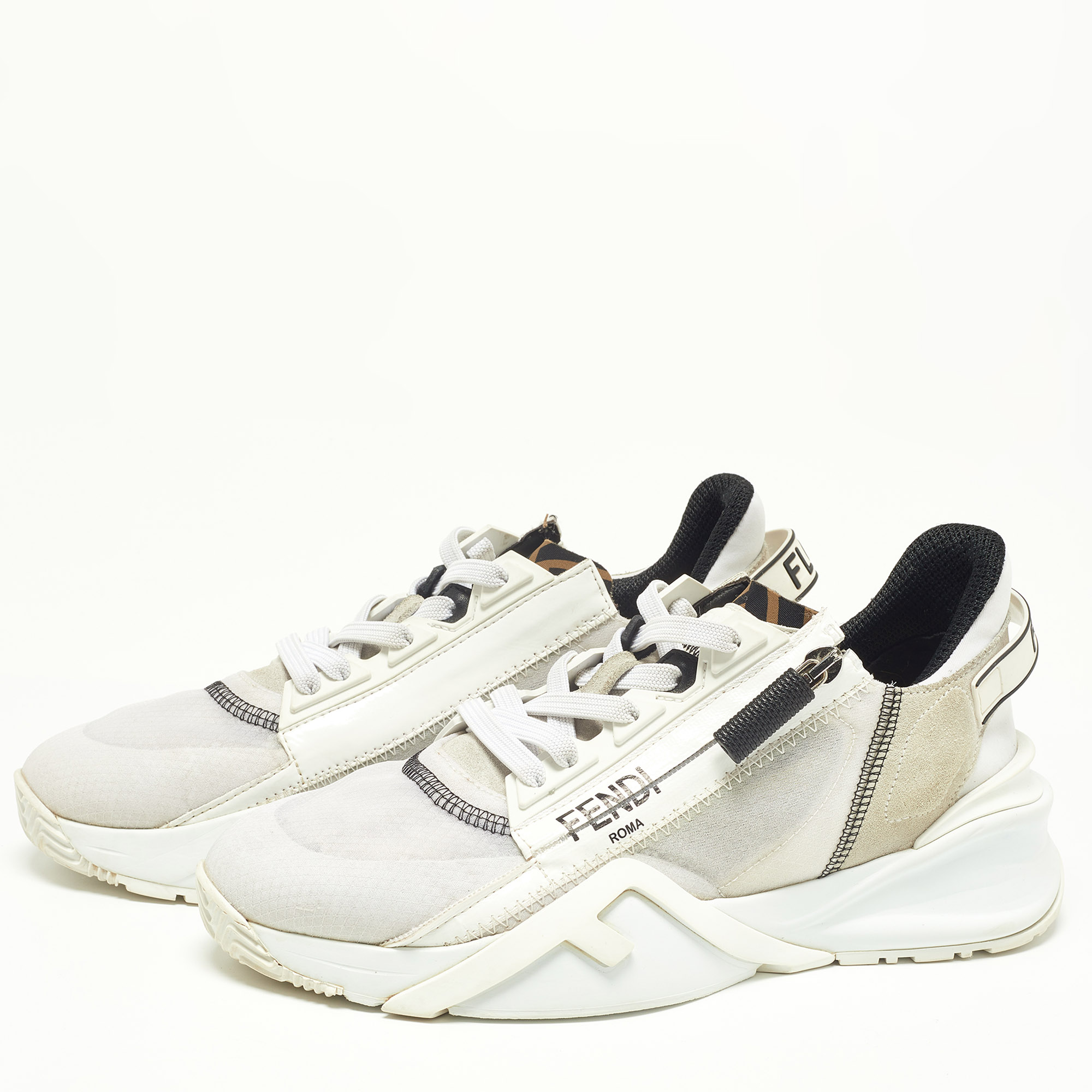 

Fendi White/Grey Suede, Mesh and Patent Leather Flow Sneakers Size