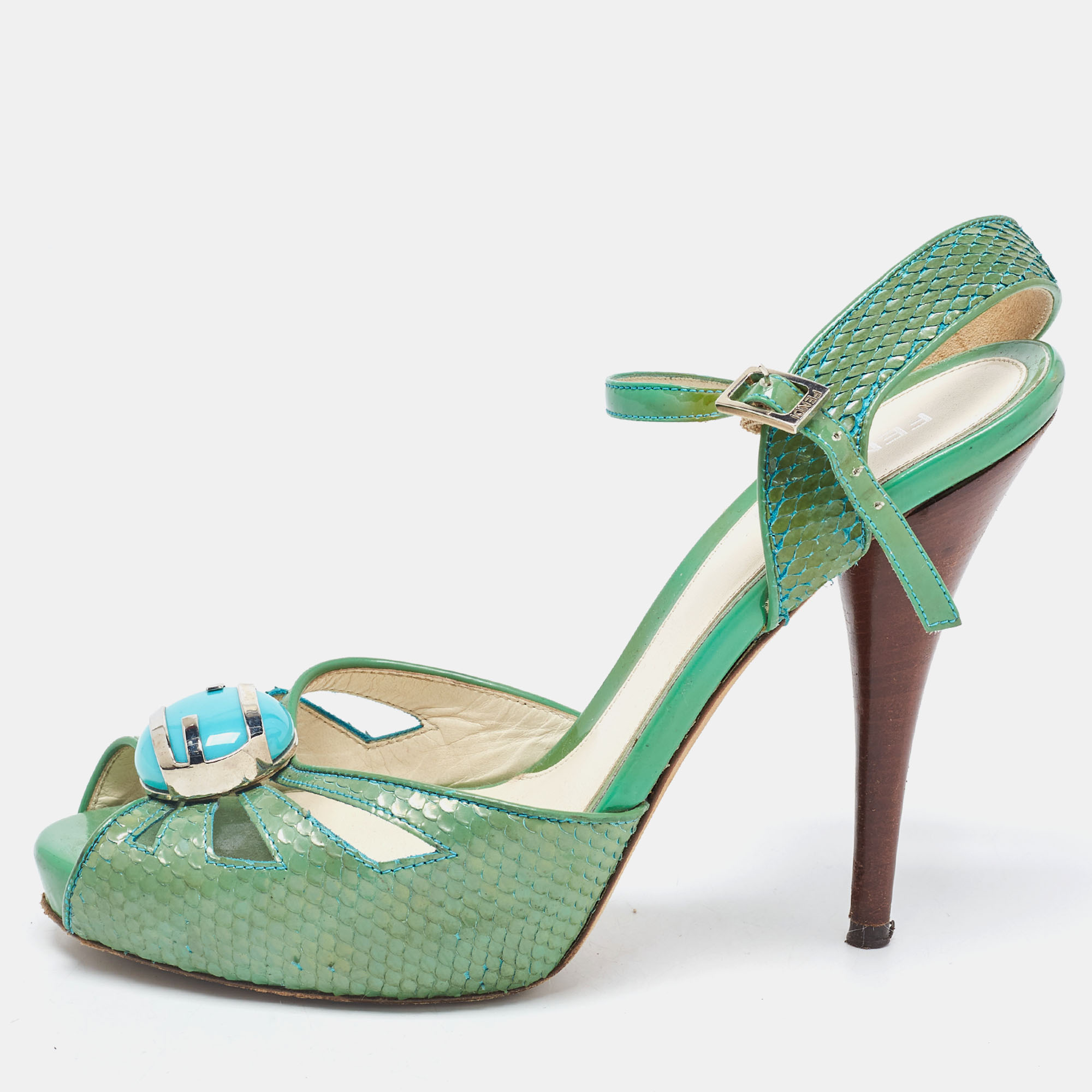 Pre-owned Fendi Green Python Embossed Leather Slingback Sandals Size 39
