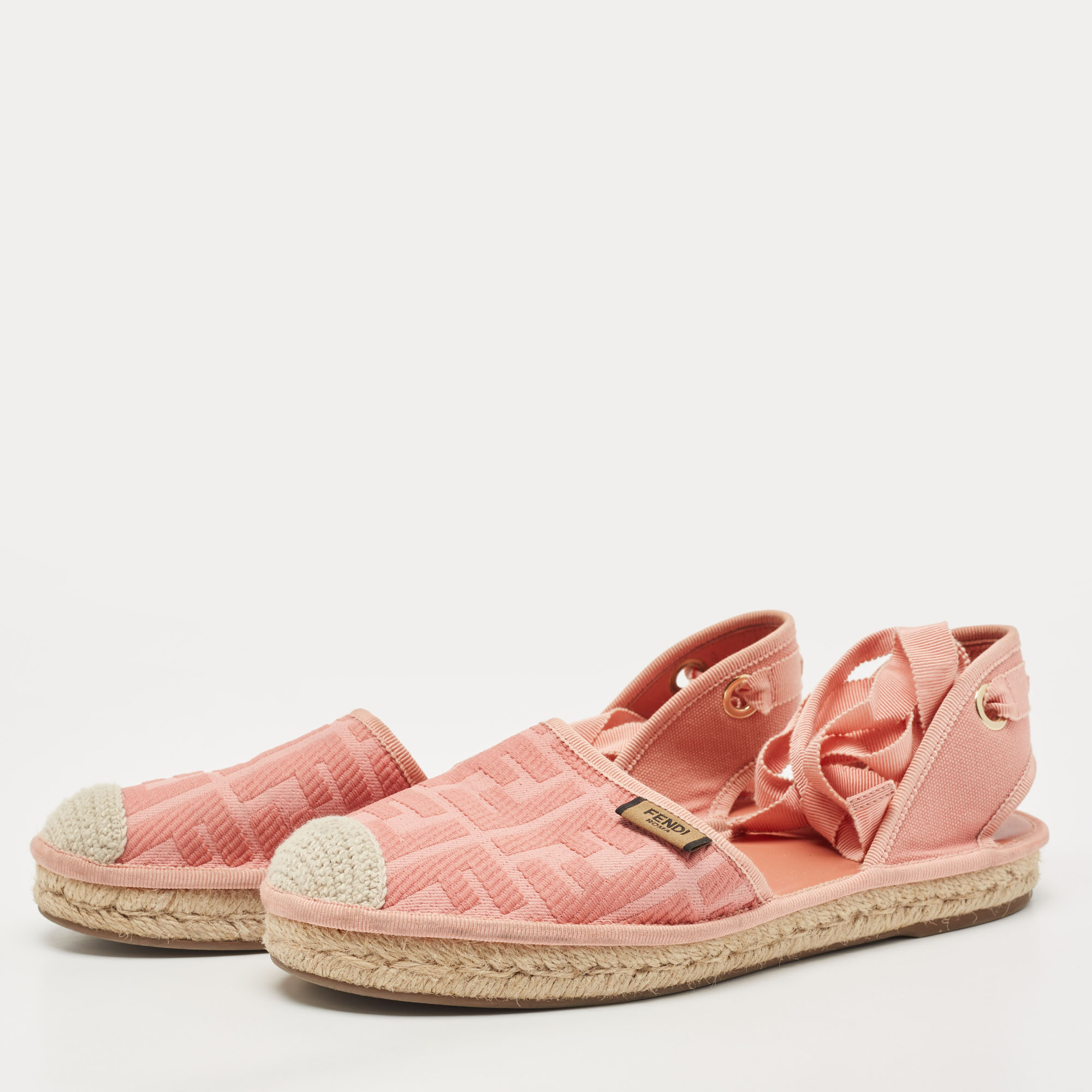 

Fendi Pink Zucca Canvas Ankle Tie Espadrille Flats Size