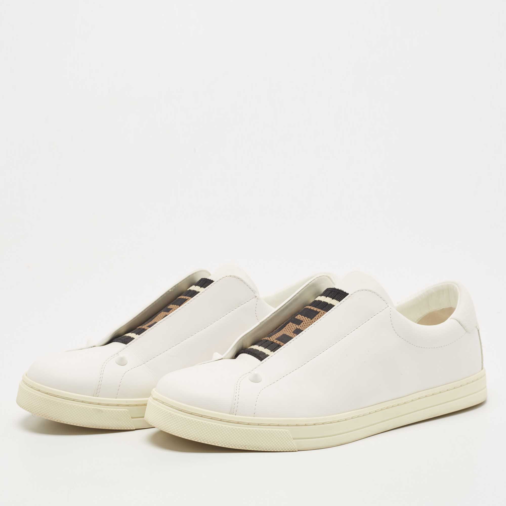 

Fendi White Leather And Brown FF Knit Fabric Rockoclick Low Top Sneakers Size