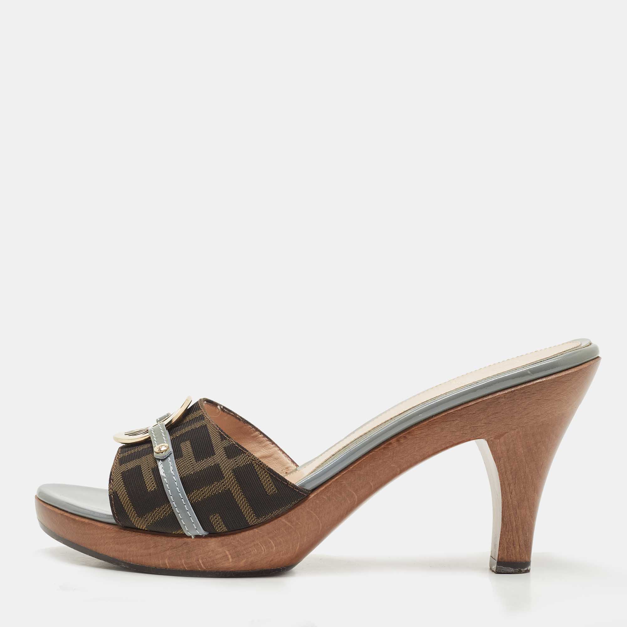 Fendi Green/Brown Tobacco Zucca Canvas And Patent Leather Slides Size 39