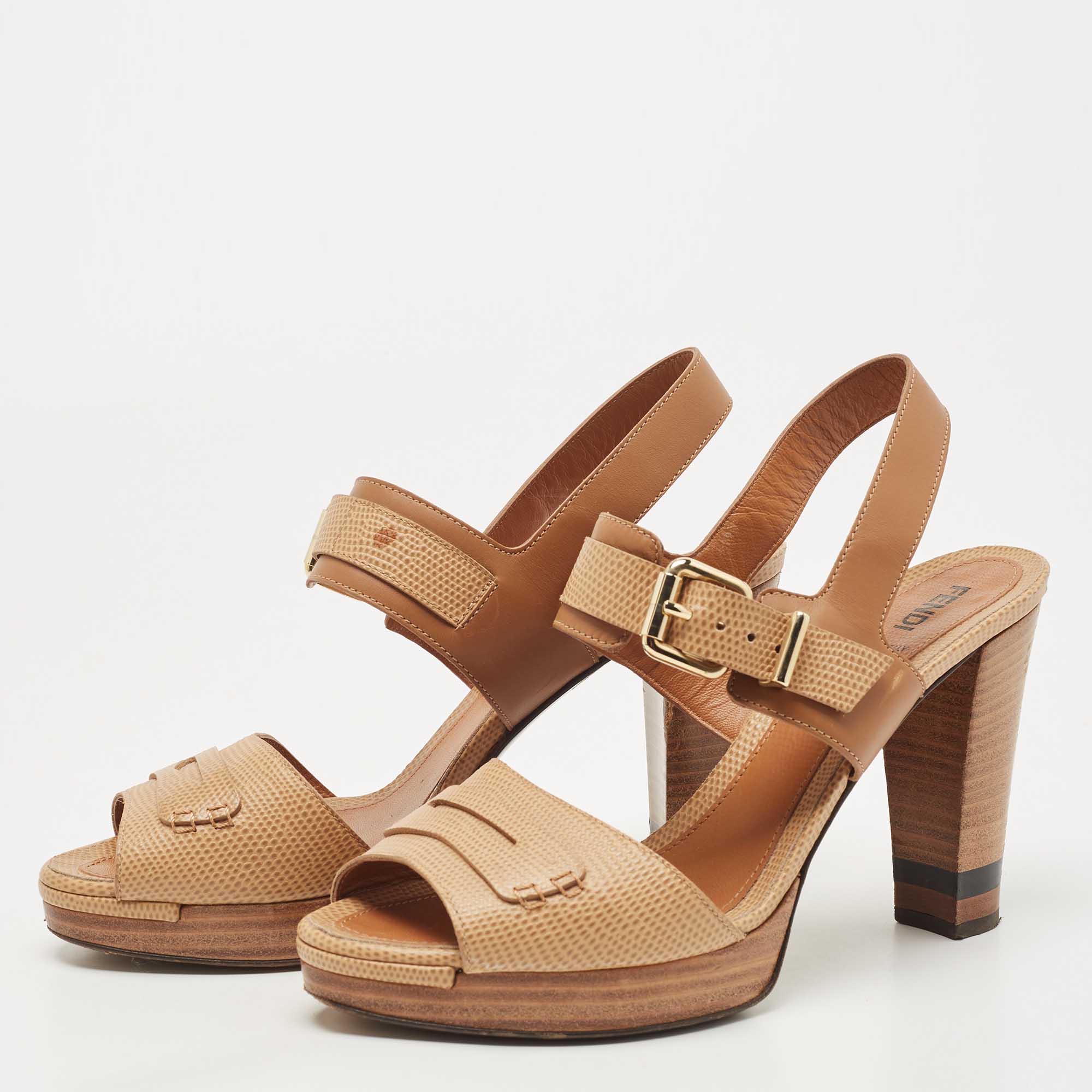 

Fendi Beige Leather Ankle Strap Platform Sandals Size, Brown