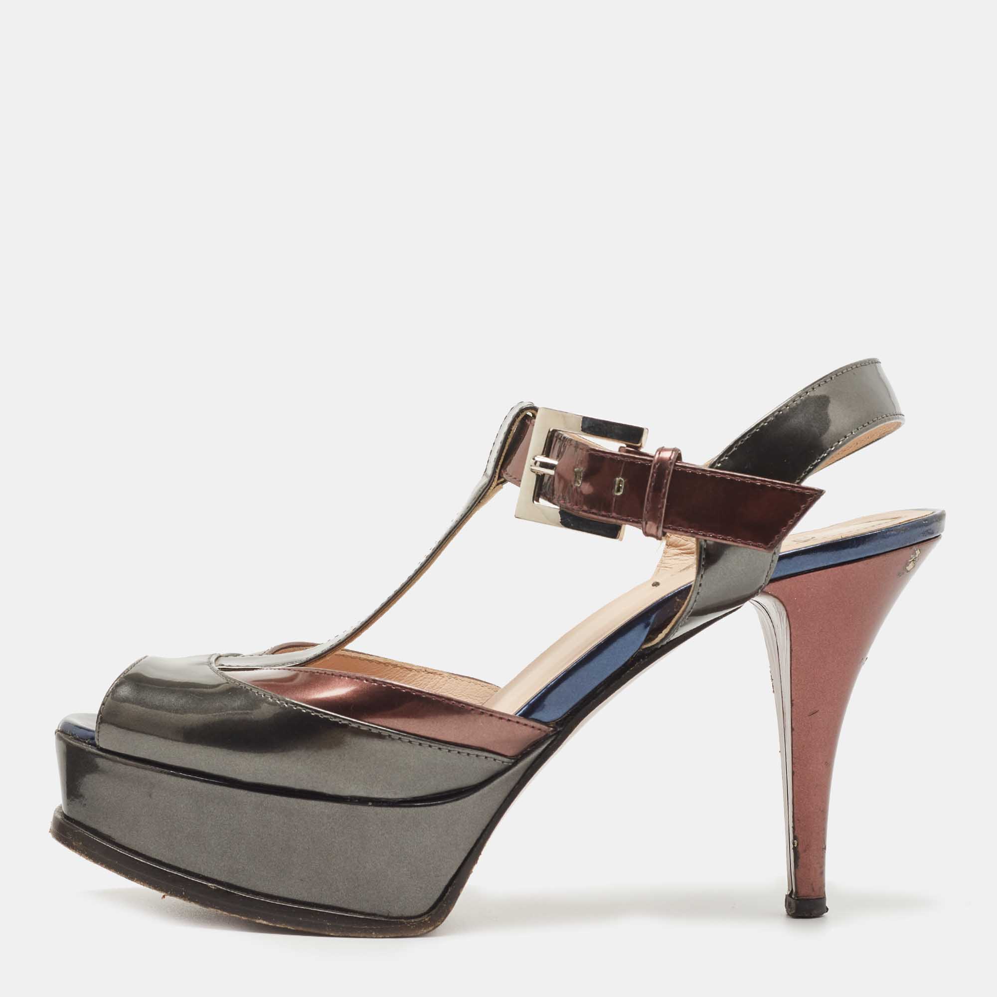 Pre-owned Fendi Multicolor Patent Leather Platform Ankle Strap Sandals Size 38