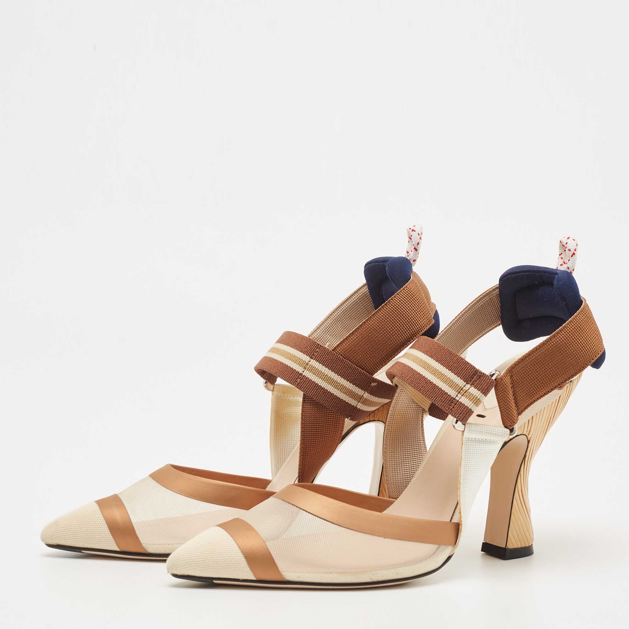

Fendi Brown/Beige Mesh and Leather Colibri Slingback Pumps Size