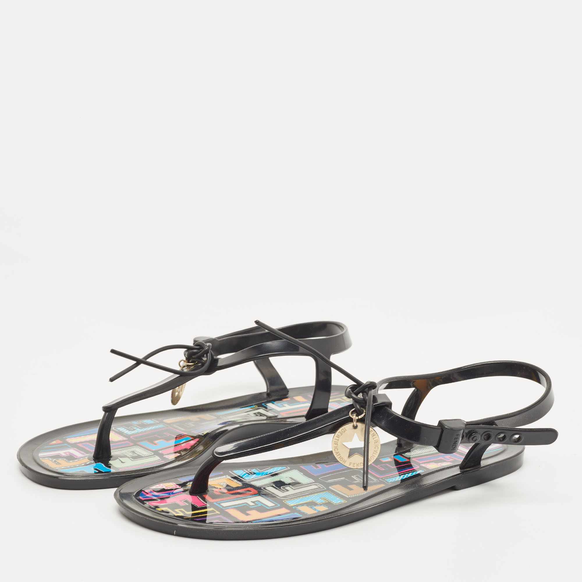 

Fendi Black Jelly T-strap Slingback Flat Sandals Size