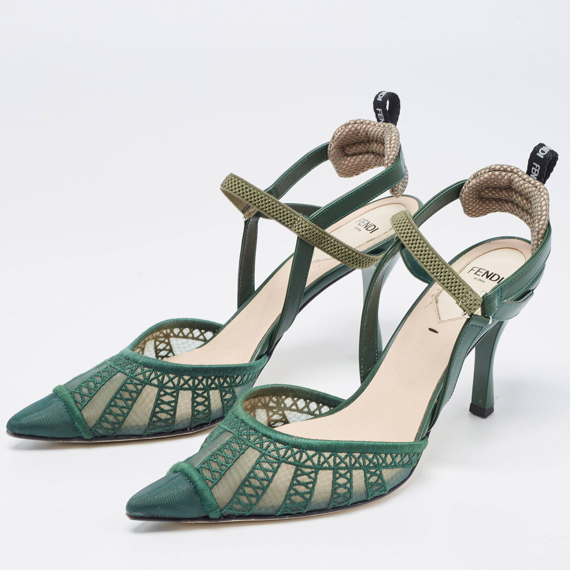 

Fendi Green Leather and Mesh Colibri Lite Slingback Pumps Size