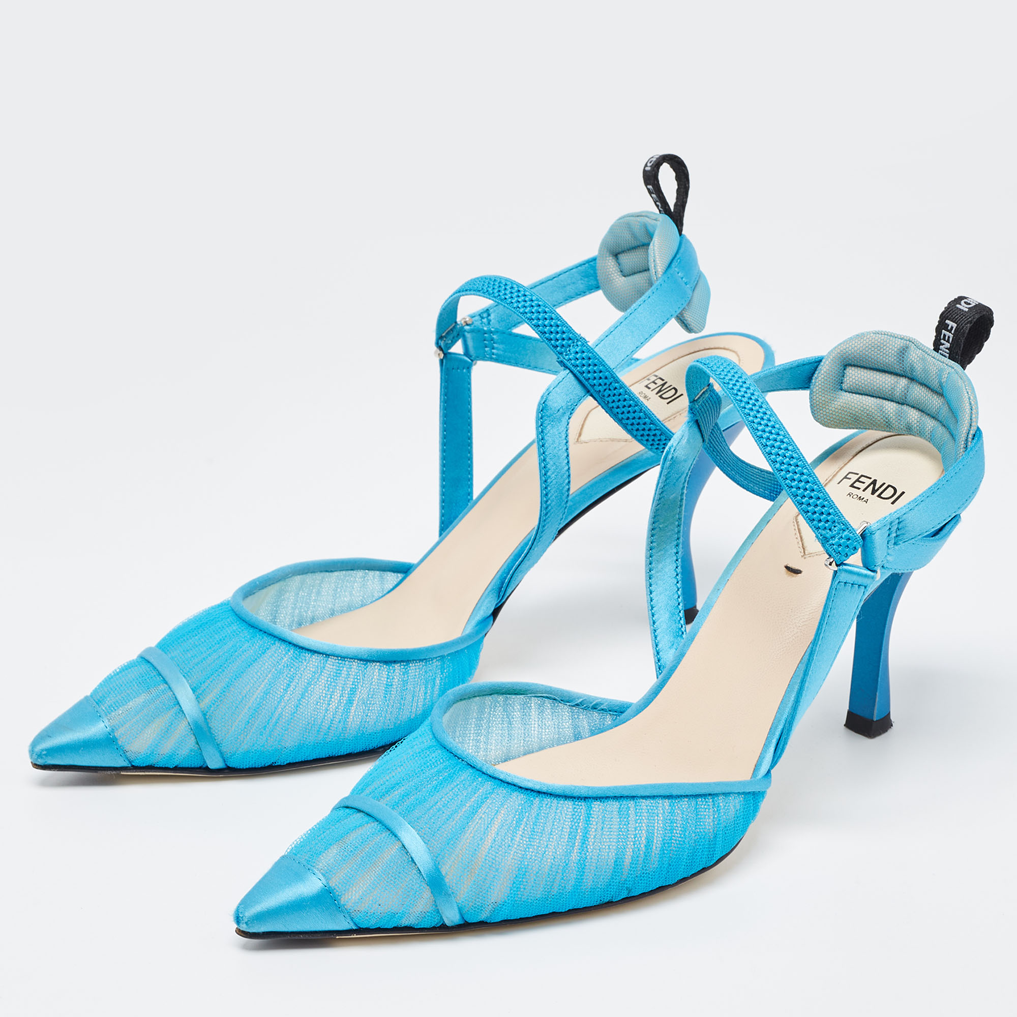 

Fendi Blue Tulle And Satin Colibri Lite Slingback Pumps Size