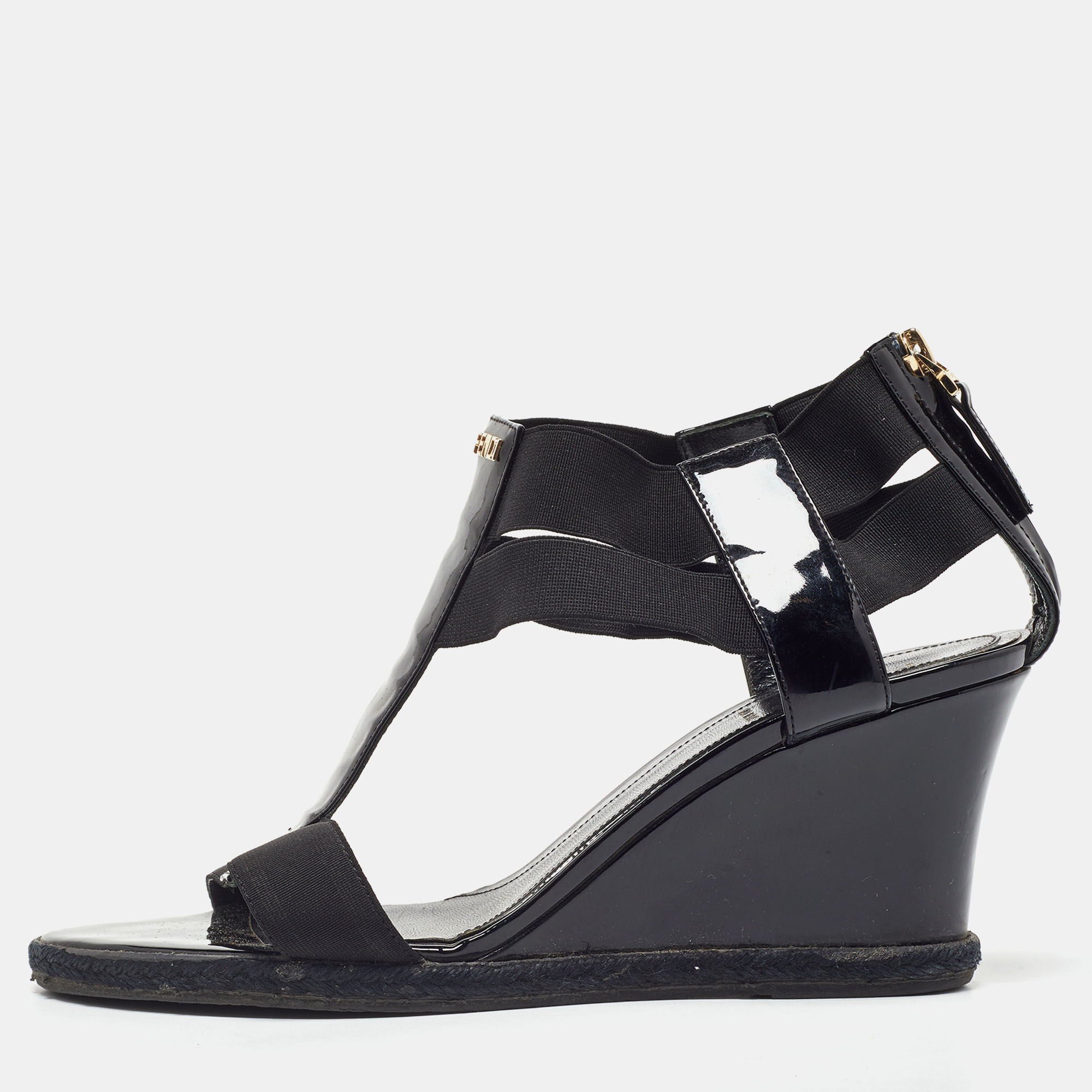 

Fendi Black Patent Leather and Elastic T-Strap Wedge Sandals Size