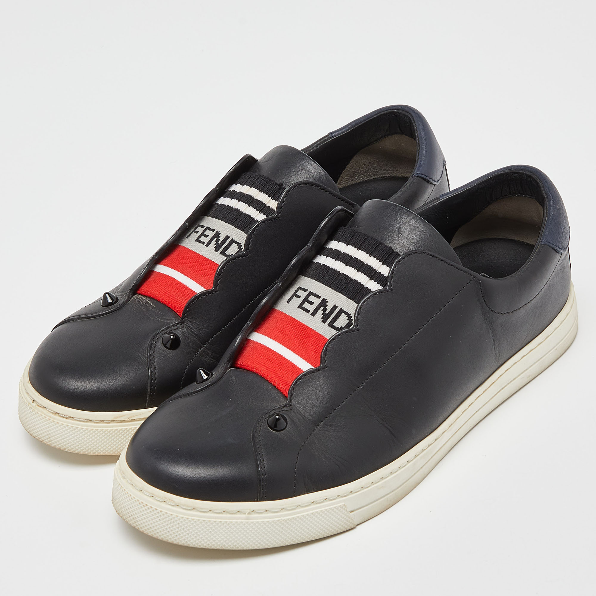 

Fendi Black Leather and Logo Knit Rockoclick Slip On Sneakers Size