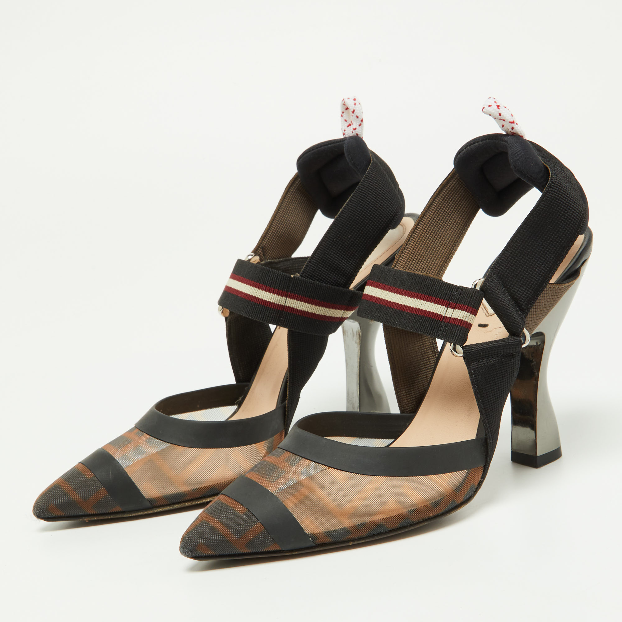 

Fendi Brown Zucca Mesh and Canvas Colibri Slingback Pumps Size