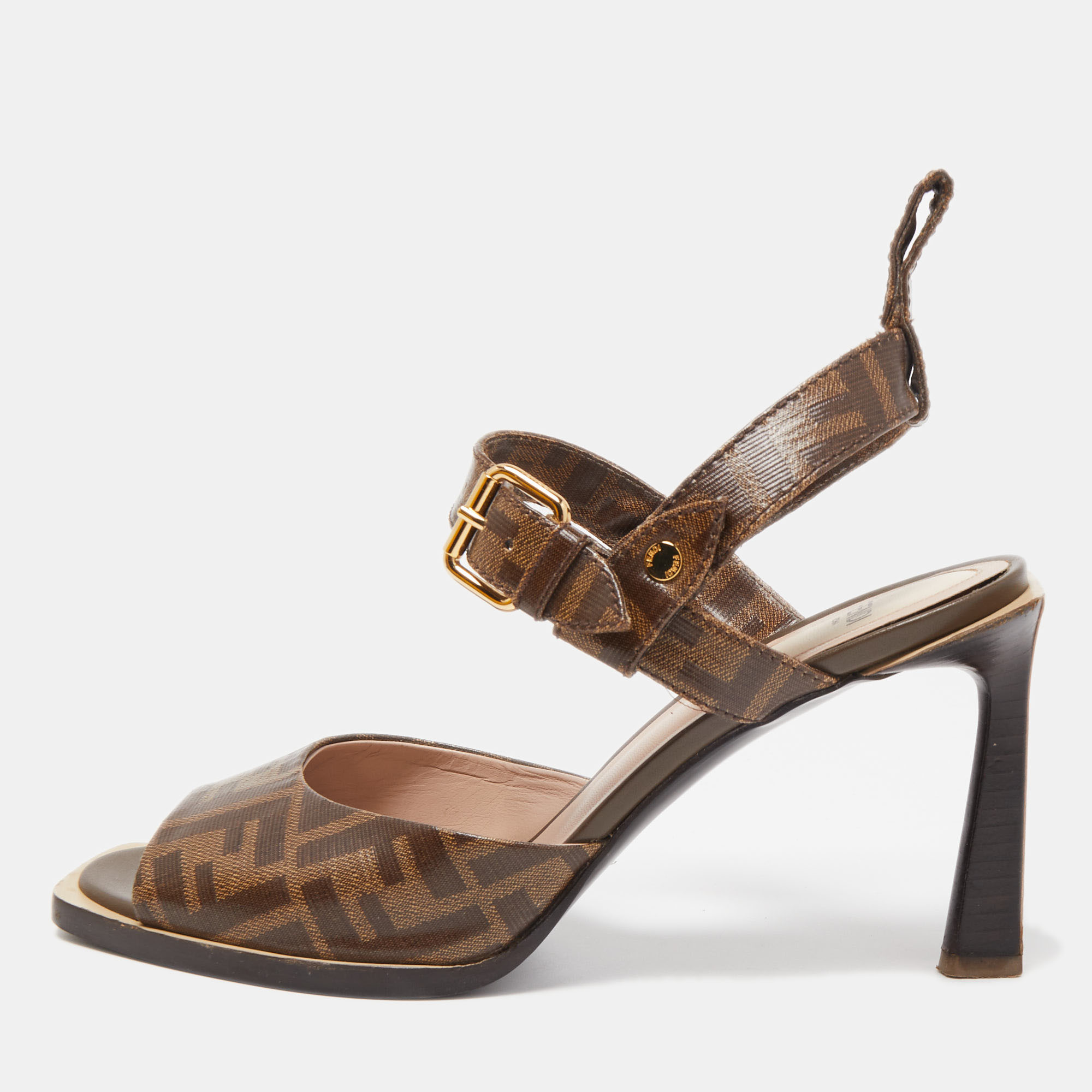 

Fendi Brown Zucca Coated Canvas Ankle Strap Sandals Size