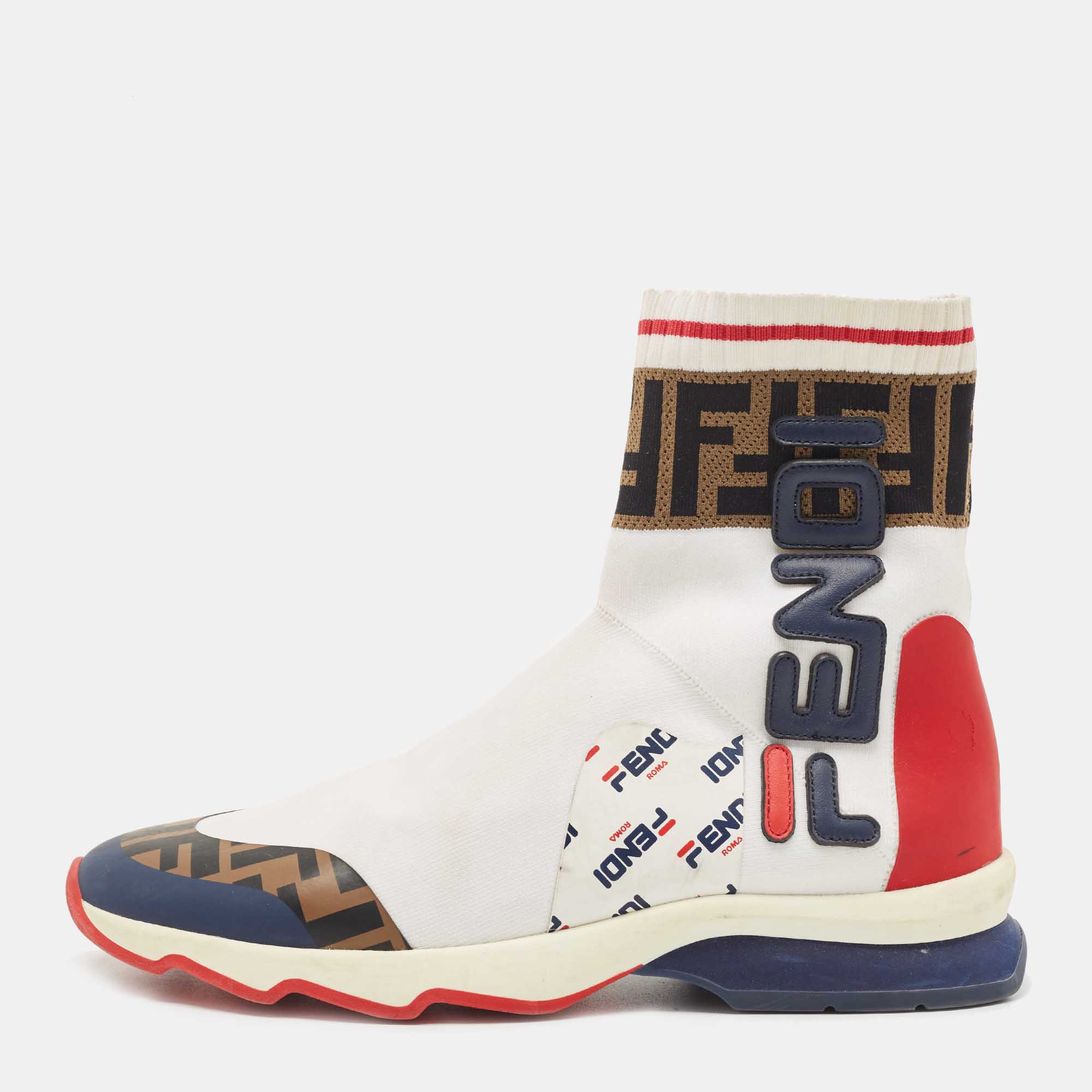Pre-owned Fendi X Fila Multicolor Knit Fabric And Leather Mania Sock Trainers Size 38 In White