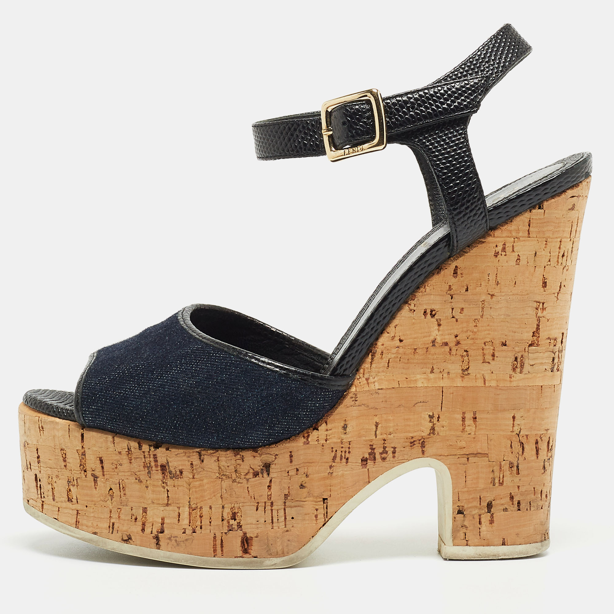 

Fendi Navy Blue/Black Denim and Lizard Embossed Leather Cork Wedge Platform Ankle Strap Sandals Size