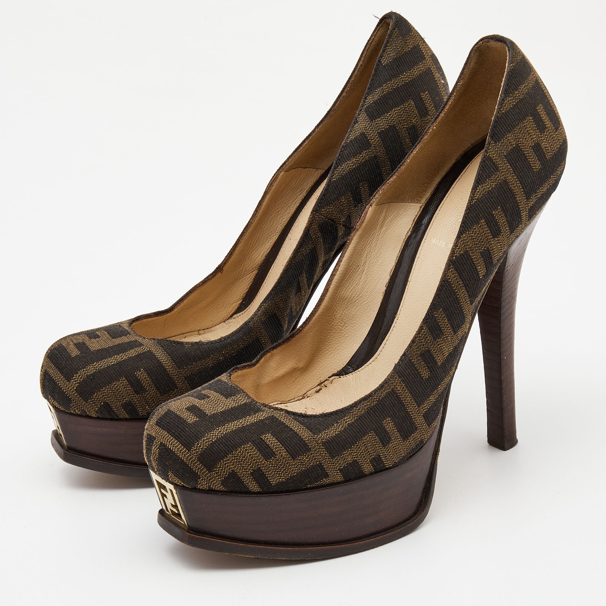 

Fendi Brown Tobacco Zucca Canvas Fendista Platform Pumps Size