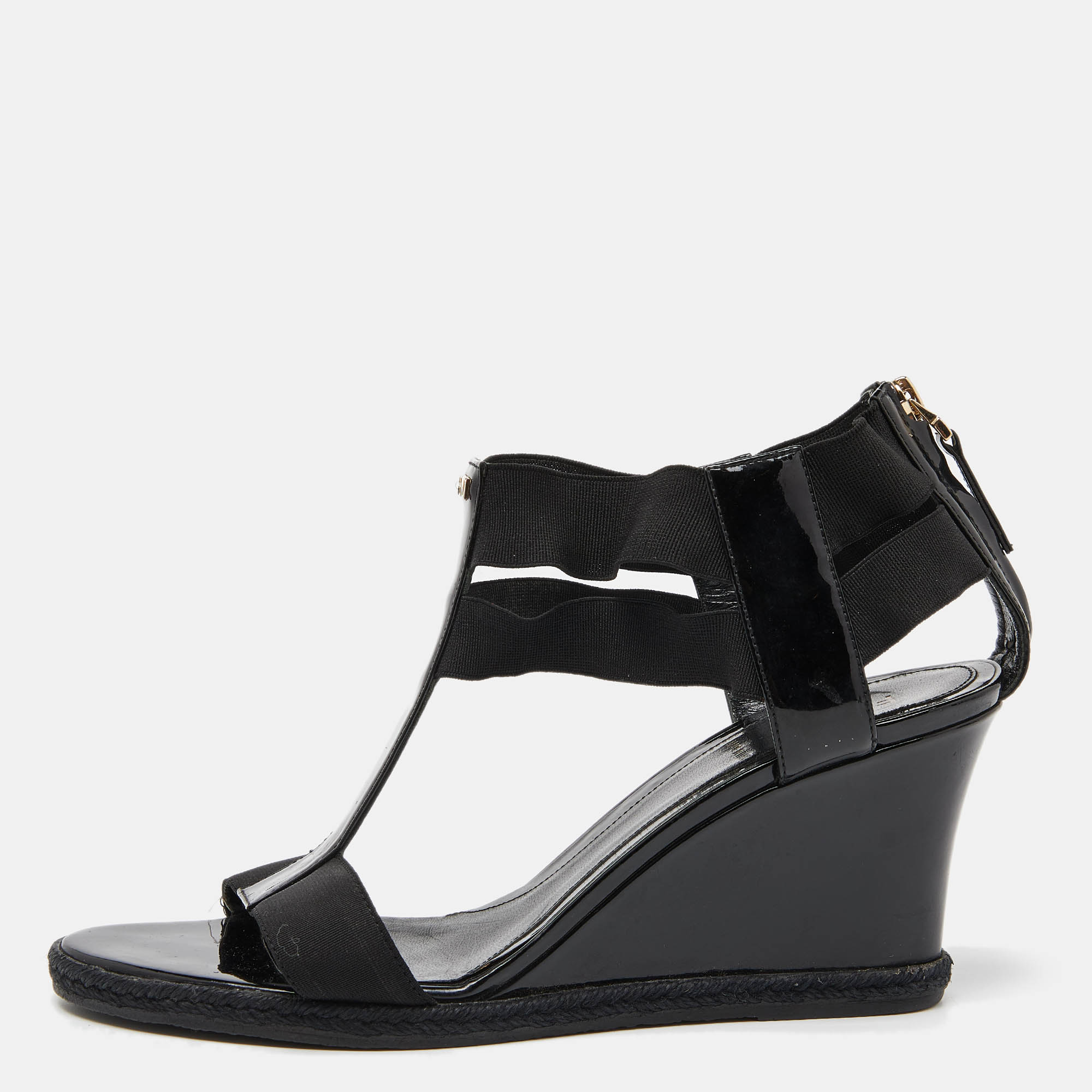 Pre-owned Fendi Black Patent Leather Ankle Strap Wedge Sandals Size 38