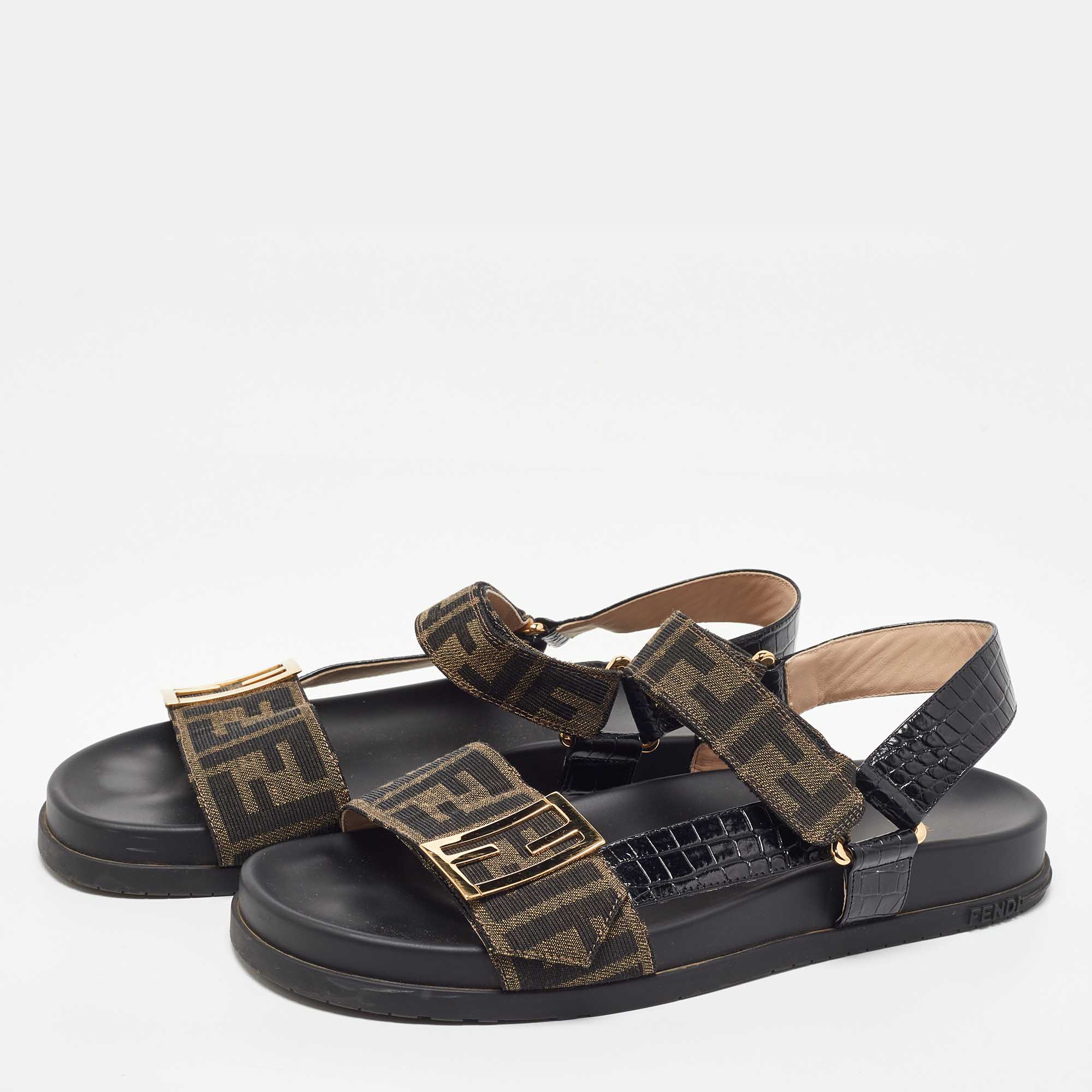 

Fendi Brown/Black Zucca Canvas and Croc Embossed Leather Flat Sandals Size