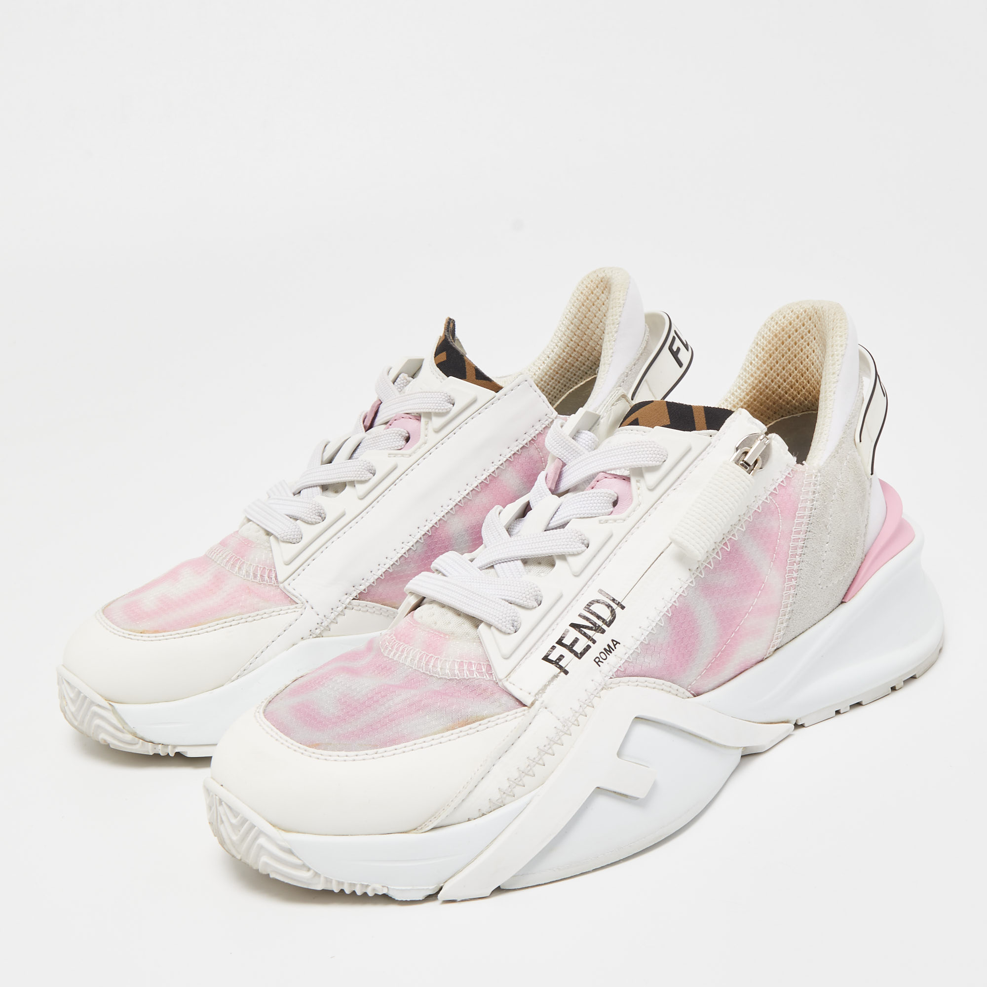 

Fendi White/Pink Leather and Zucca Mesh Low Top Sneakers Size