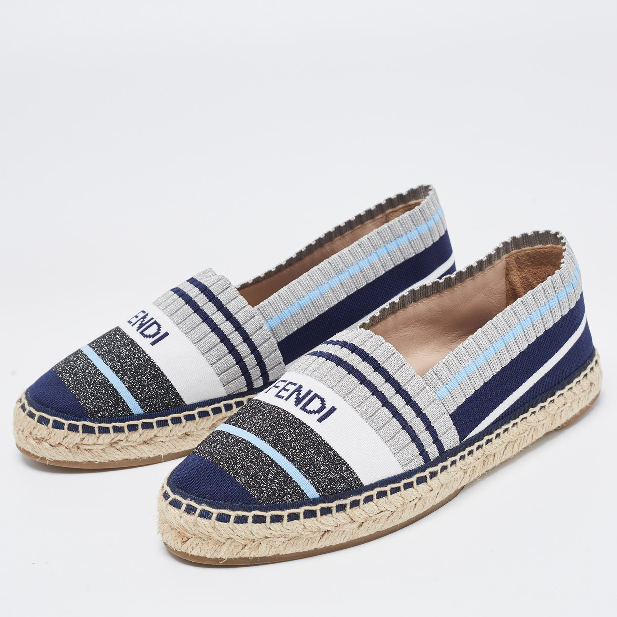 

Fendi Tricolor Striped Fabric Espadrille Flats Size, Navy blue