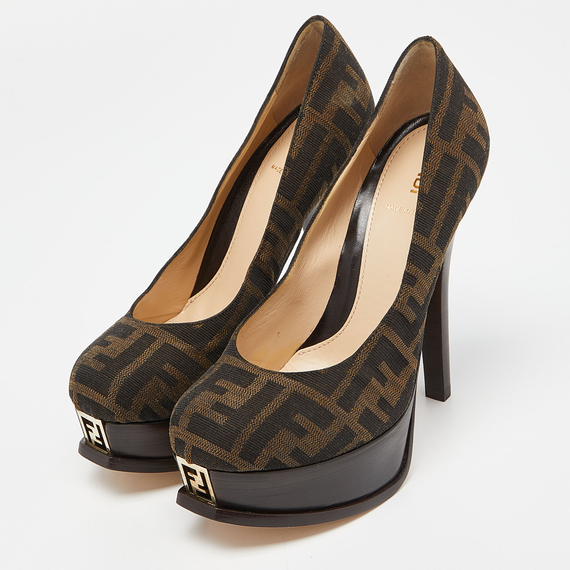 

Fendi Brown Tobacco Zucca Canvas Fendista Platform Pumps Size