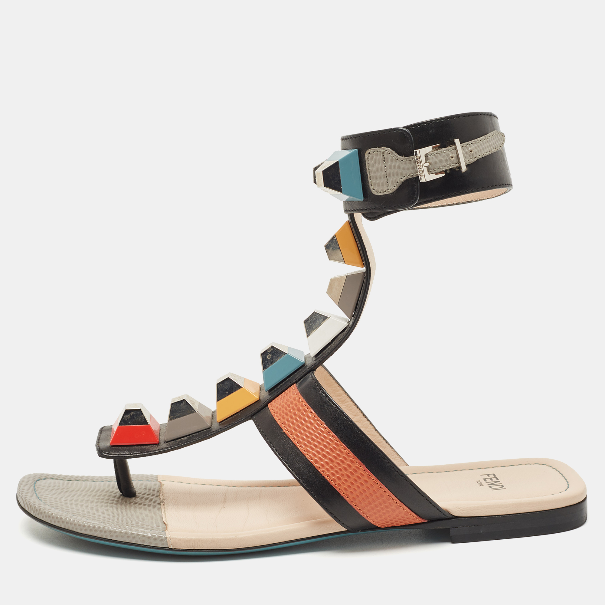 Pre-owned Fendi Multicolor Lizard Embossed And Leather Studded Ankle Cuff Flat Sandals Size 36