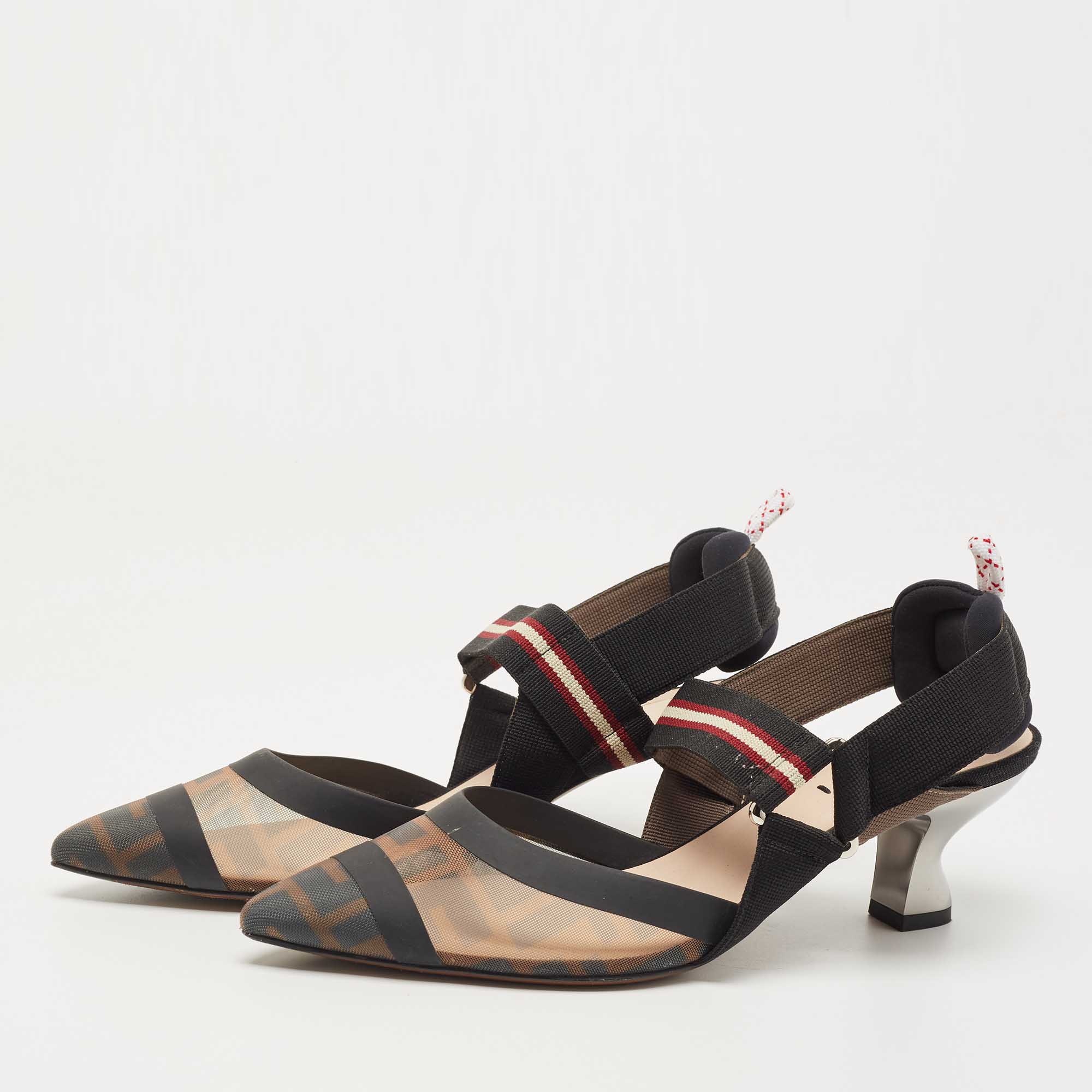 

Fendi Brown/Black Zucca Mesh and Leather Colibri Pumps Size