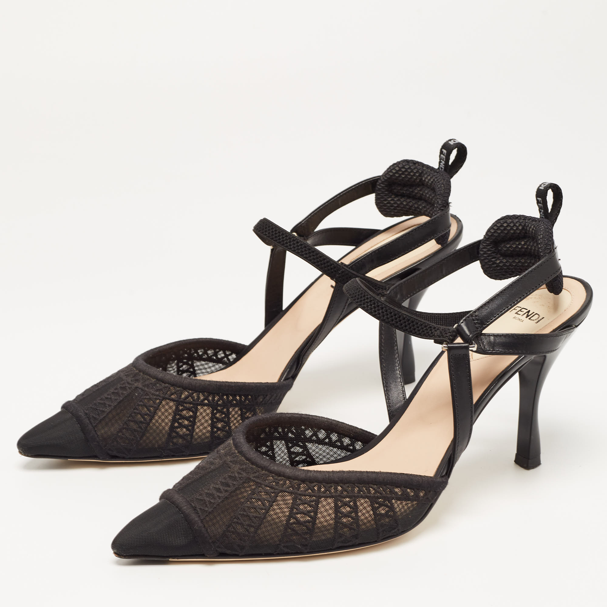 

Fendi Black Lace and Leather Colibri Slingback Pumps Size